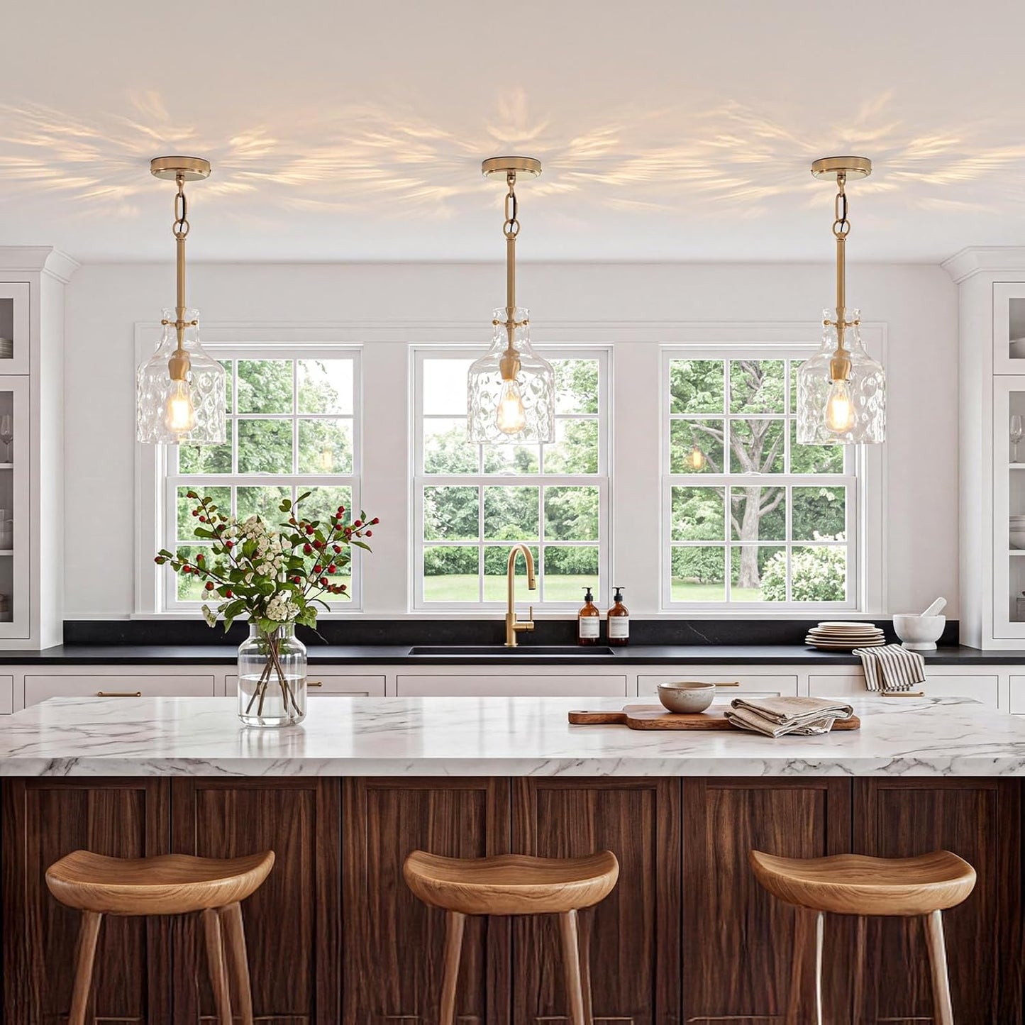 Pendant Light Fixture for Kitchen Island, Brushed Gold, 1 Pack | 7-inch Clear Hammered Glass Shade, Sturdy Metal Rod, Adjustable Height, E26 Socket, Ceiling Mount, Hardwired, 120V
