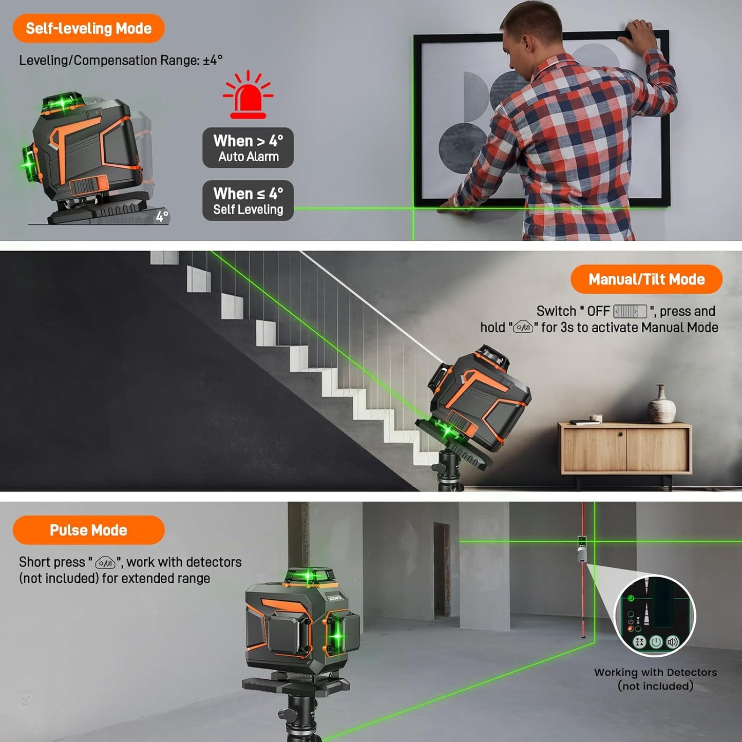 Laser Level GOCHIFIX 16 Lines 4D Laser Level Self Leveling 4x360 Green Laser Level Horizontal Vertical Laser Tool for Wall Sharp 520 Laser Tube 5.2Ah