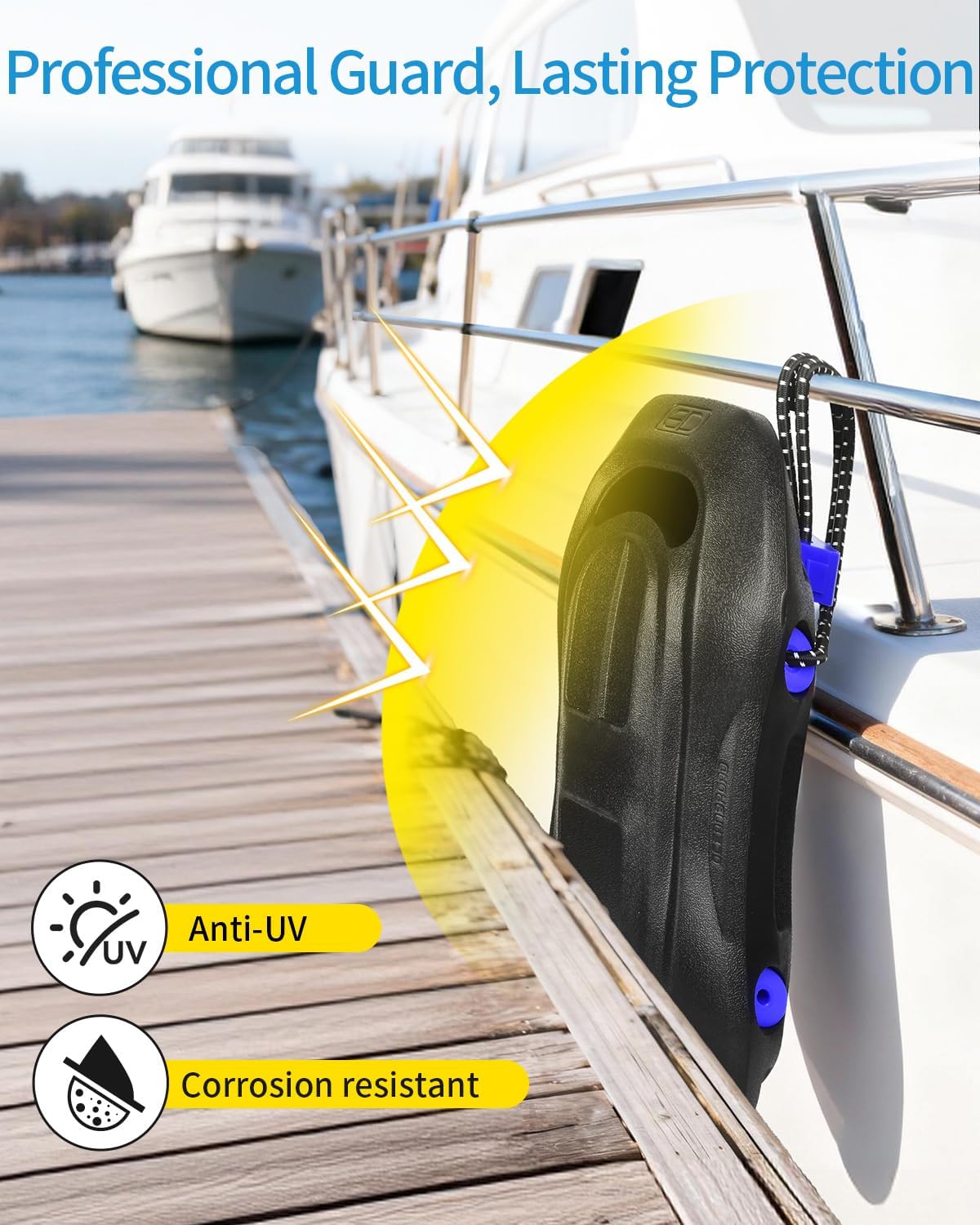 OCEANBROAD EVA Boat Fenders 2 Pack, 17" x 8" Boat Bumpers for Docking, with Quick-Lock Rope & Strap, Black, Fit for Pontoon, Jon, Ski and Fishing Boats, Marine-Grade Foam for Hull Protection