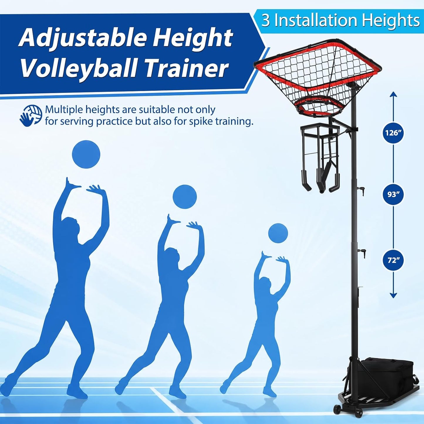 HVDI Volleyball Setter & Spike Trainer System, Heavy Duty Volleyball Training Aid Set – 88LB Sandbag Base with Dual Wheels for Easy Mobility, Adjustable Hitter & Receiver Combo System 93"