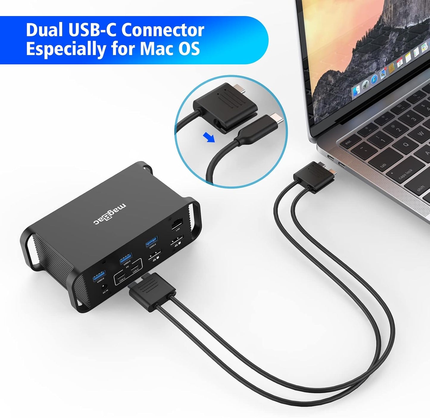 MacBook Laptop Docking Station Dual Monitor, 14 in 2 USB C Dock with 100W AC Power Adapter, Two 4K HDMI, 4 USB A, USB C PD 18W Charger, 3.5mm Audio,