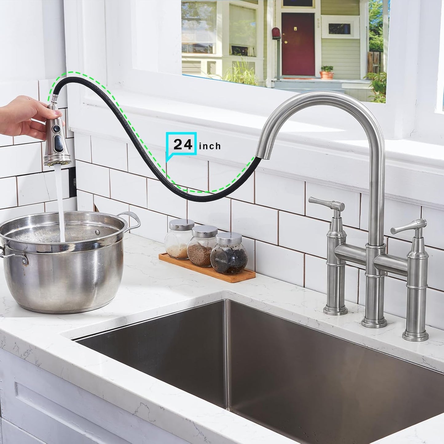 Brushed Nickel 3-Types Water Bridge Kitchen Faucet with Pull-Down Spray-head, 3 Hole Farmhouse Kitchen Sink Faucet