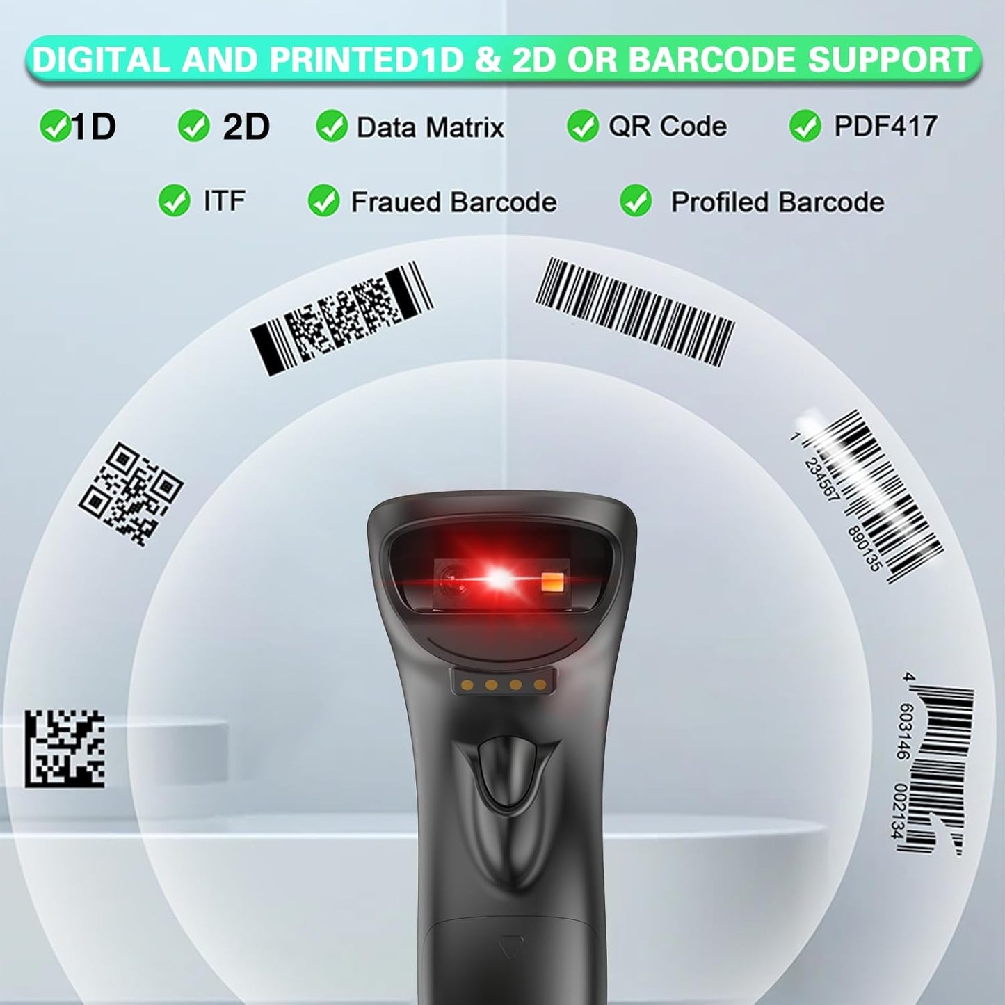 Upgraded 2D Bluetooth Barcode Scanner with Wireless Charging Stand, 1968 Feet Transmission Distance 433Mhz Wireless & Bluetooth 2in1 Barcode Reader with Hands-Free Stand