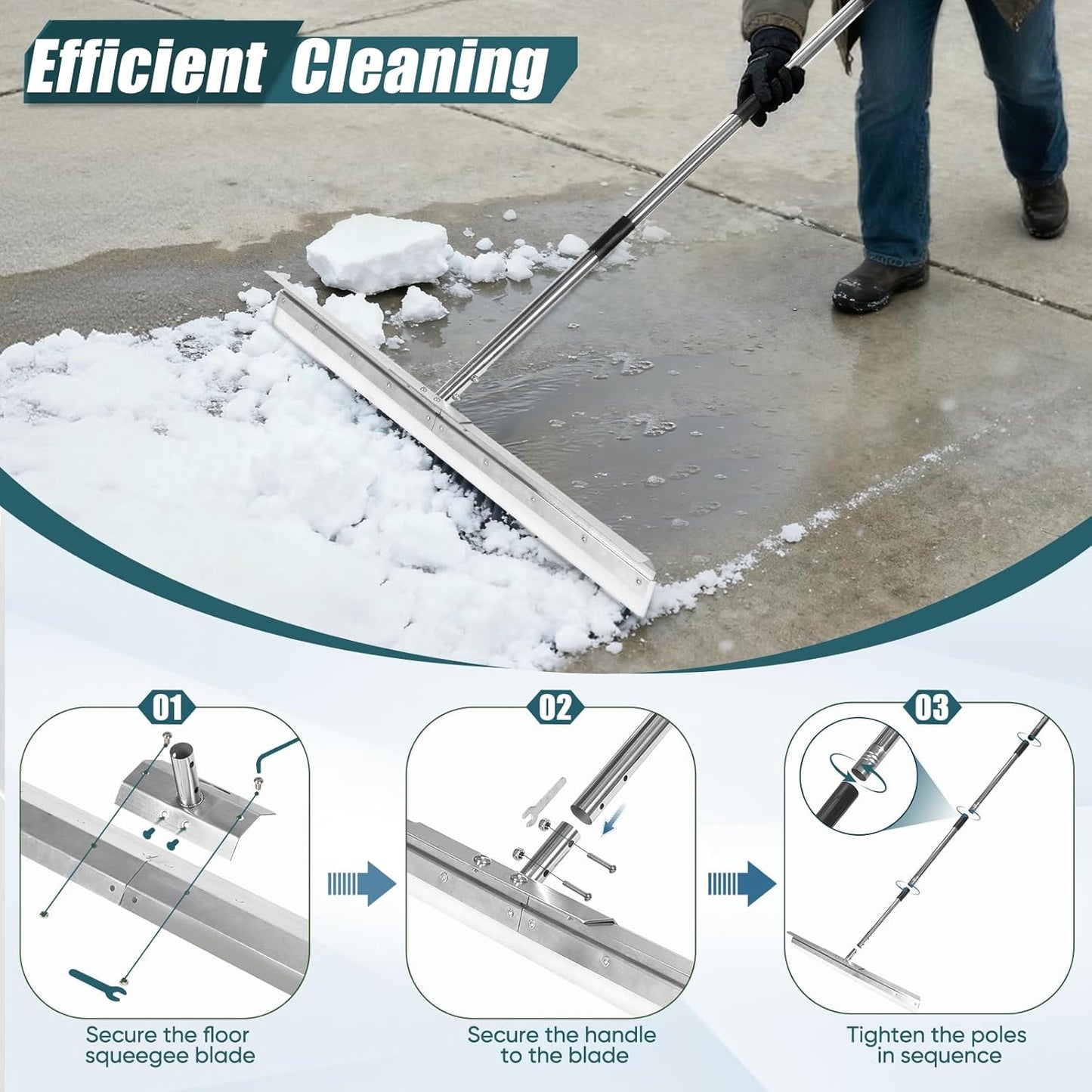 Heavy-Duty 33.4" Floor Squeegee for Concrete, Industrial Silicone Blade Squeegee for Floor with 63" Stainless Handle, Anti-Splash Curved Baffle Design for Garage, Factory, Warehouse