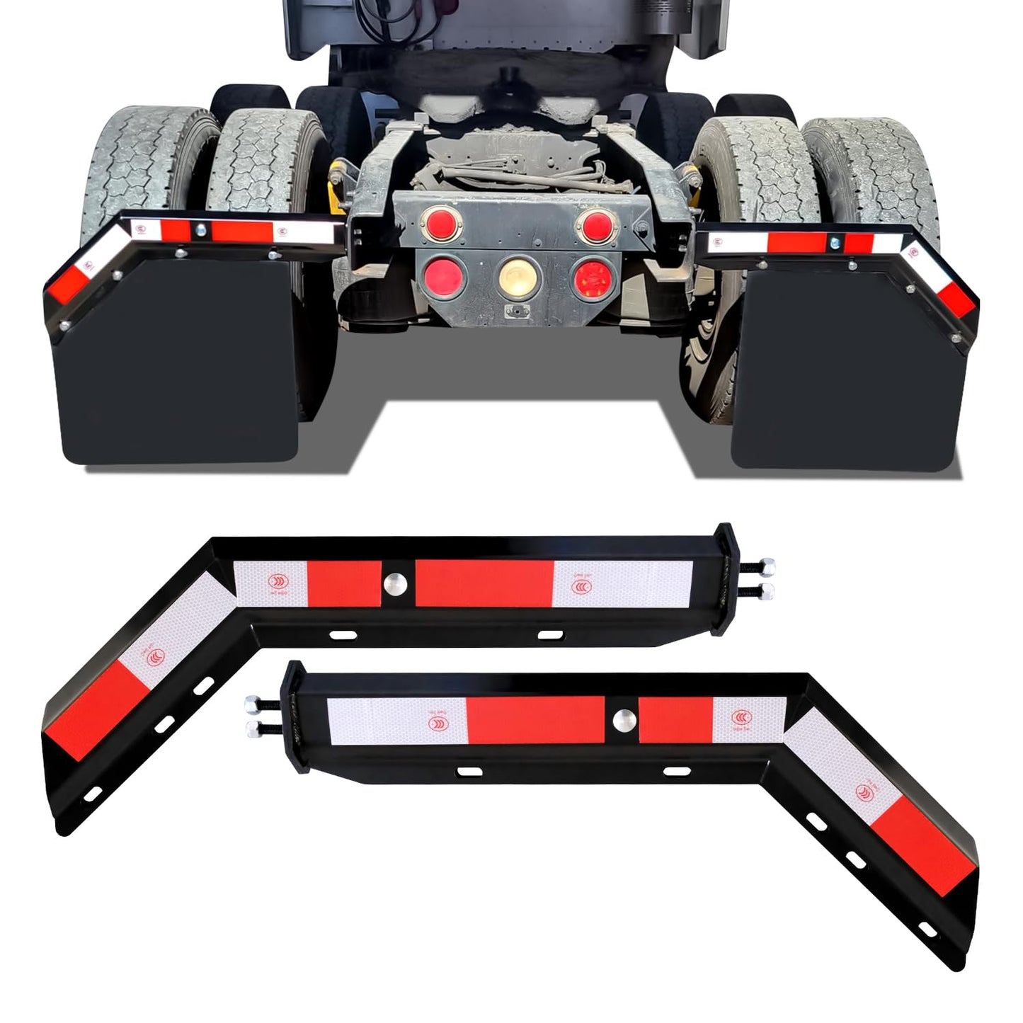 30'' Angled Spring Loaded Mud Flap Hanger Bracket Set, 1-1/8" Bolt Spacing with Reflective Tapes, 2 Pack Black Mudflap Holder for Heavy Duty Semi Trucks