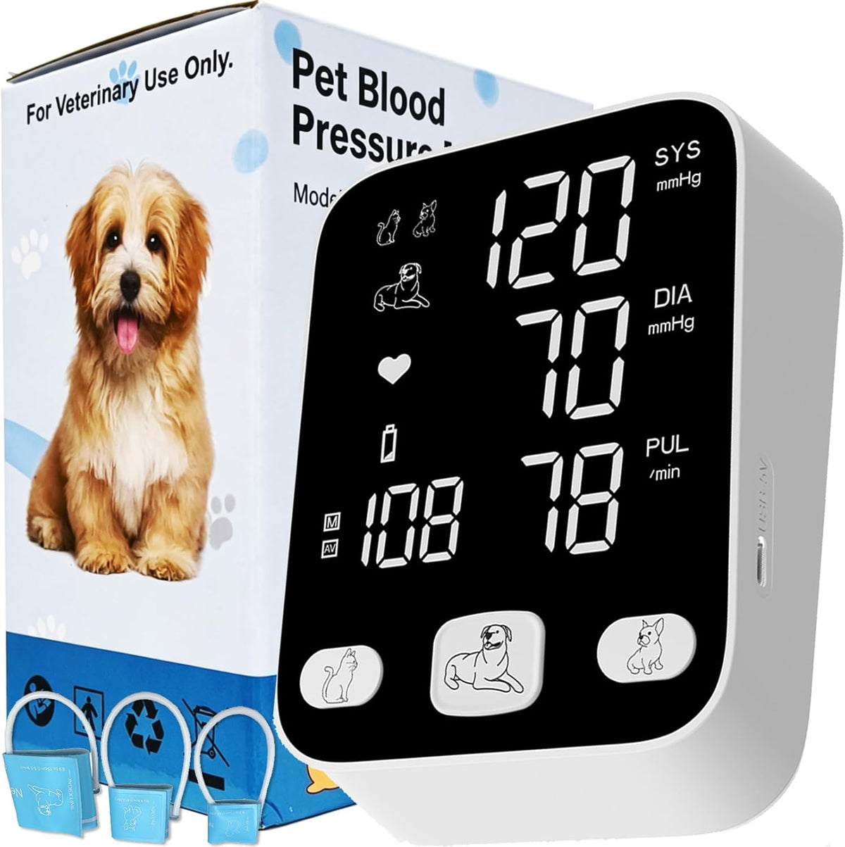 Dog Blood Pressure Monitor for Pet/Dog/Cat, Animal Automatic Digital BP Machine with Large LCD Screen Backlight 3 Cuffs 270 Data Memory Silent Black-2025pro