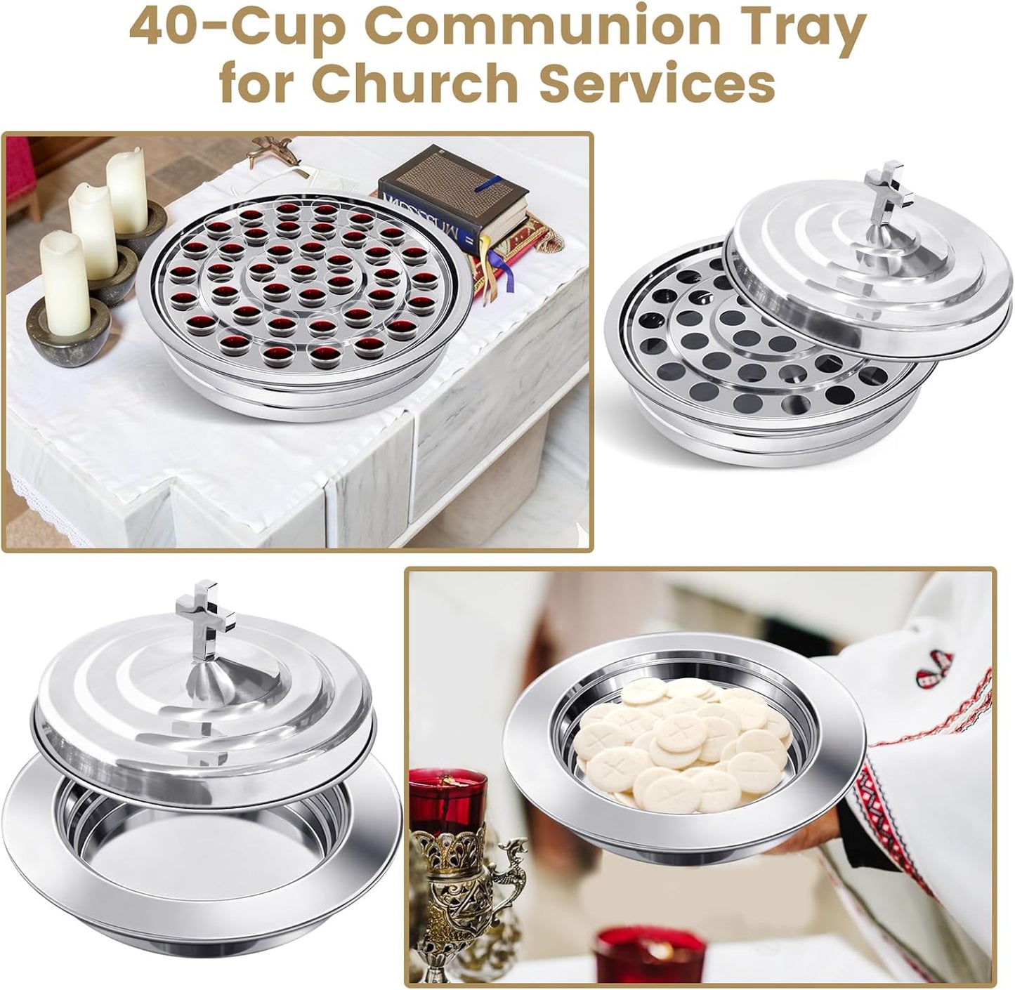 Communion Set Holy Trays,2Pcs Stainless Steel Communion Trays,Dining Set with Squeeze Bottle & Liquid Dispenser, Includes 100 Disposable Cups,for Church Service