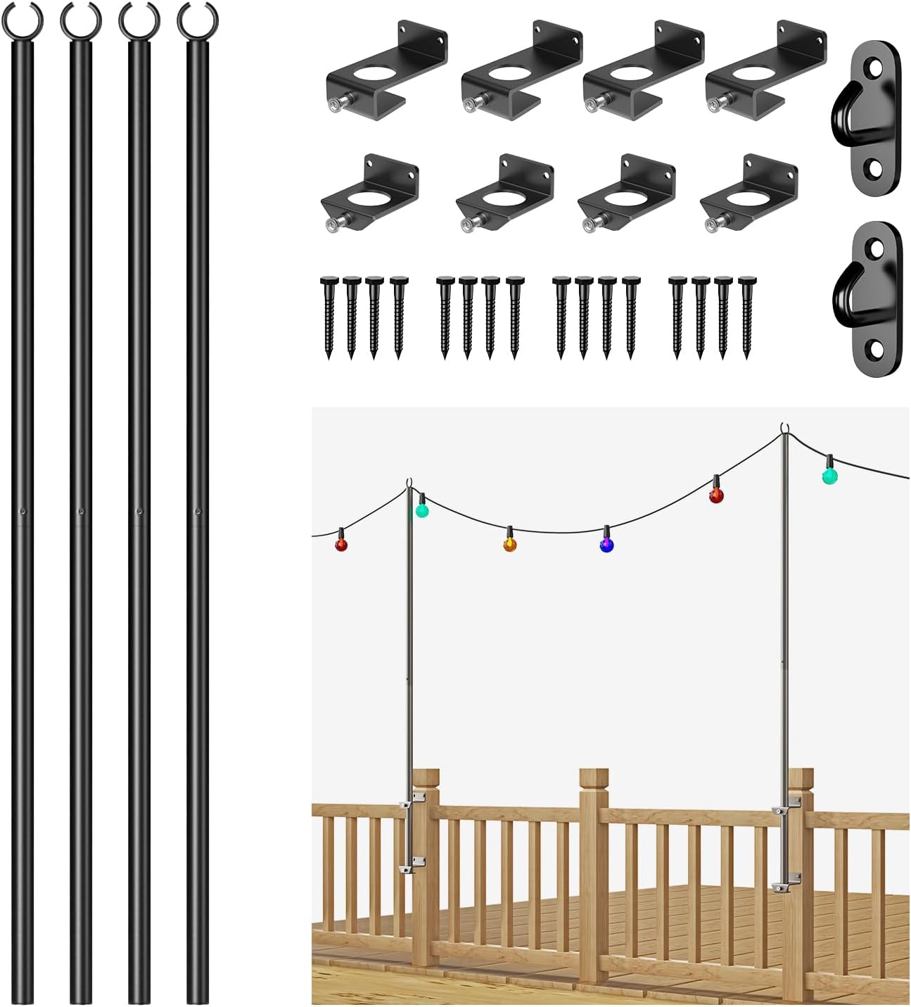 4 Pack 6.5FT Stainless Steel String Lights Pole Bracket/Holder with 2 Wall Hooks for Deck Railing Wood Posts (Black)