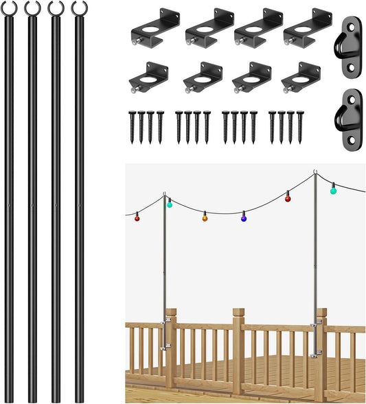 4 Pack 6.5FT Stainless Steel String Lights Pole Bracket/Holder with 2 Wall Hooks for Deck Railing Wood Posts (Black)