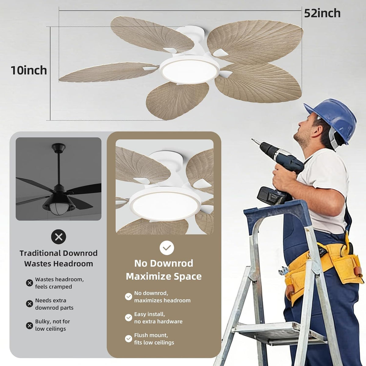 52 Inch Boho Palm Leaf Flush Mount Ceiling Fan with Light and Remote White Motor, Natural Wood Finish Blades, Quiet DC Motor, Dimmable LED, Low Profile Hugger for Bedroom & Patio
