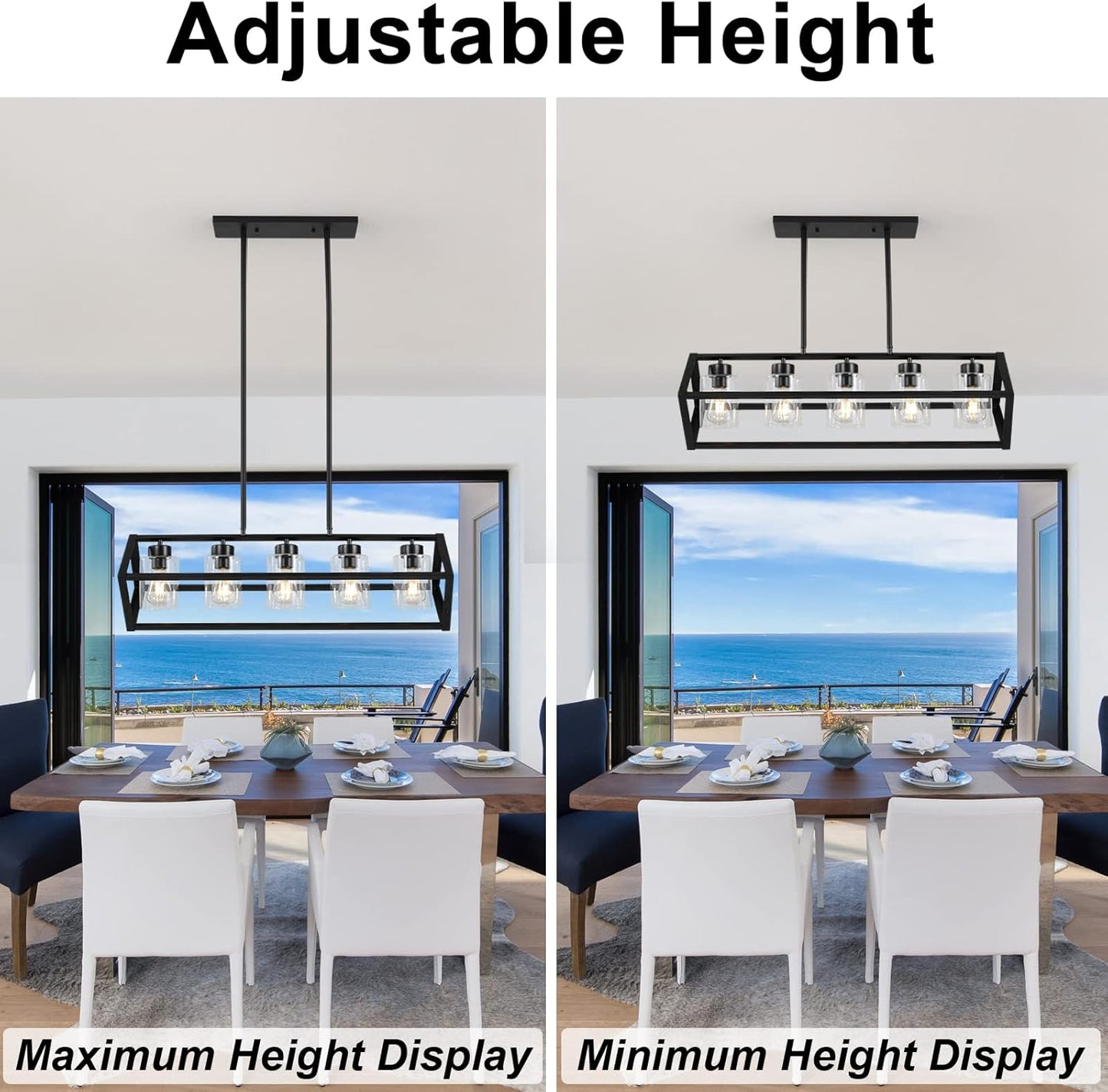 KERHENE 5-Light Rectangle Chandeliers, Farmhouse Chandeliers with 6 Glass Shades, 5-Light Linear Kitchen Island Light for Dining Room