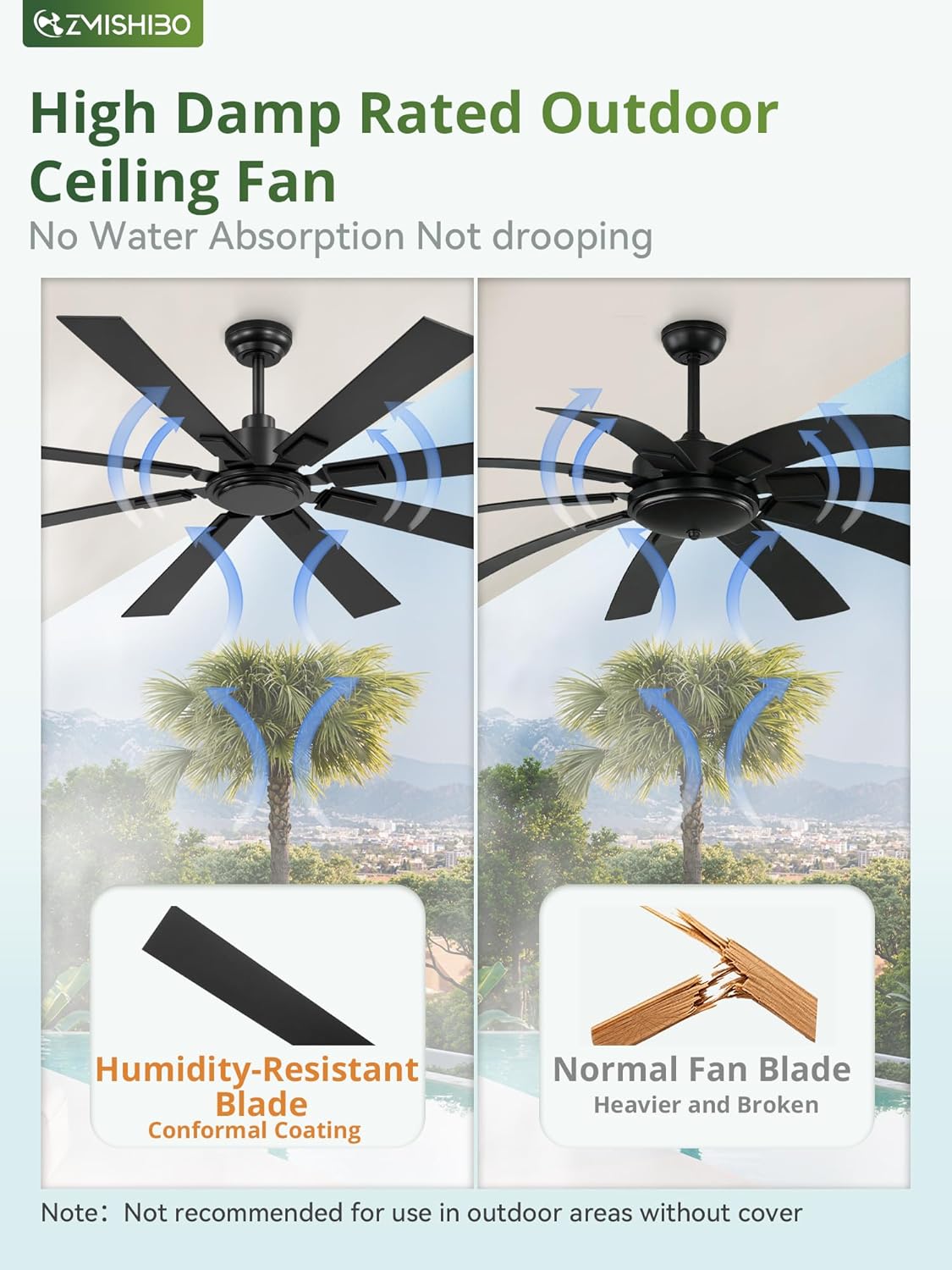 ZMISHIBO 65 Inch Outdoor Ceiling Fans No Light with Remote, Damp-Rated Black Modern Ceiling Fan Without Light, 6-Speed Reversible DC Motor, Humidity-Resistant 8 Blades for Patio Porch Gazebo Garage Black 65 Inch