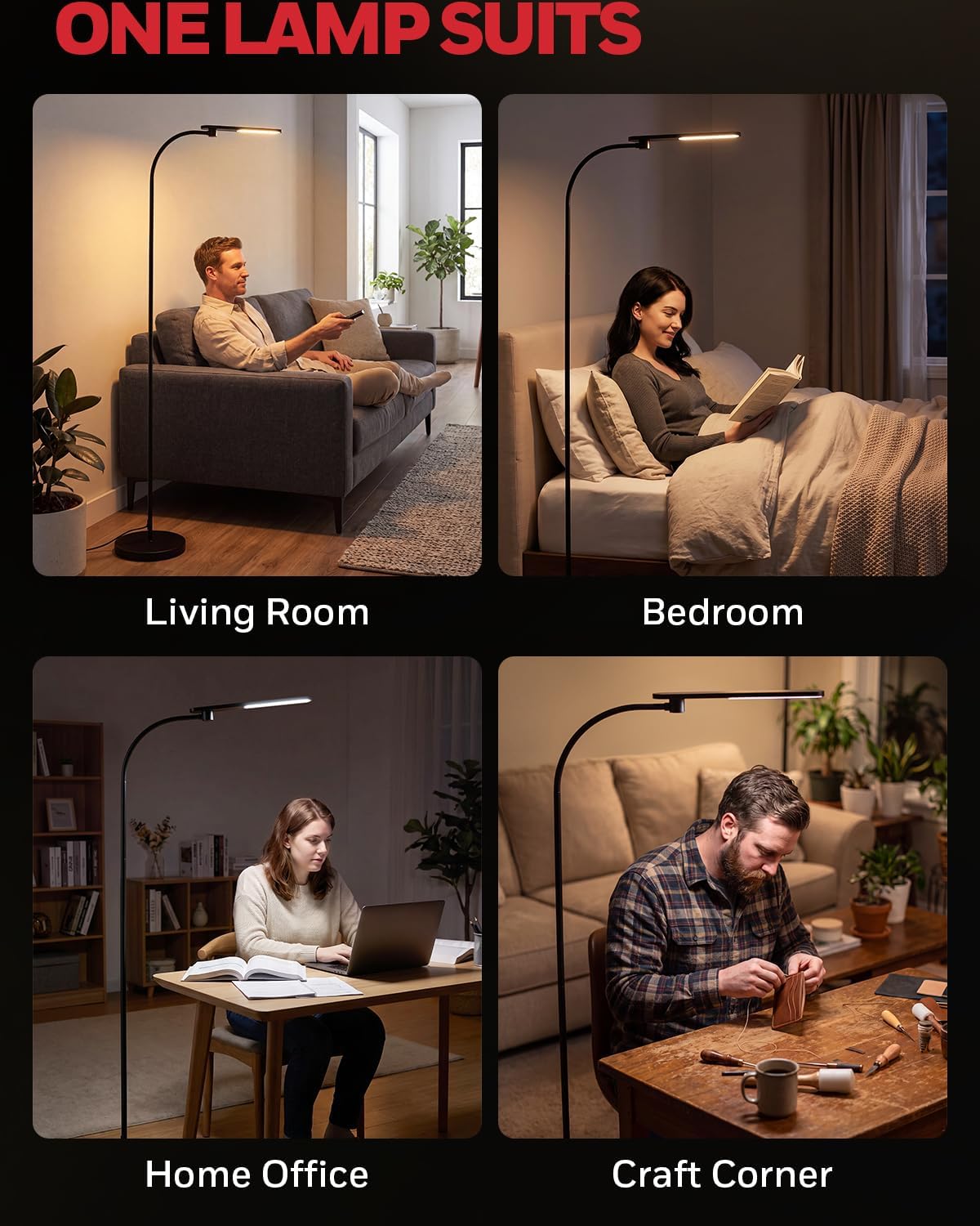 Honeywell LED Floor Lamp, CRI97 Full Spectrum, Dimmable Reading Lamp 77" Black
