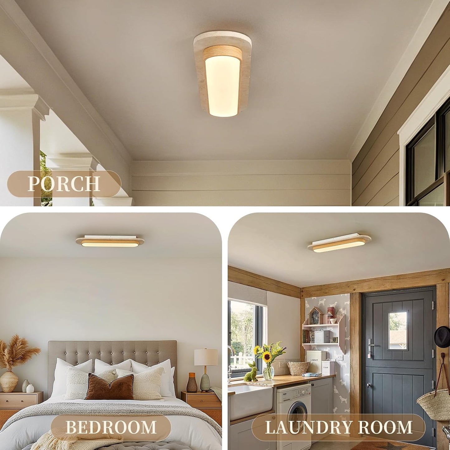 23.6 inch Wabi Sabi Travertine Ceiling Light Fixture, Natural Stone Linear Ceiling Lamp with Wood Grain Metal Frame, 3000K LED Travertine Stone Flush Mount Light for Hallway, Entrance, Corridor