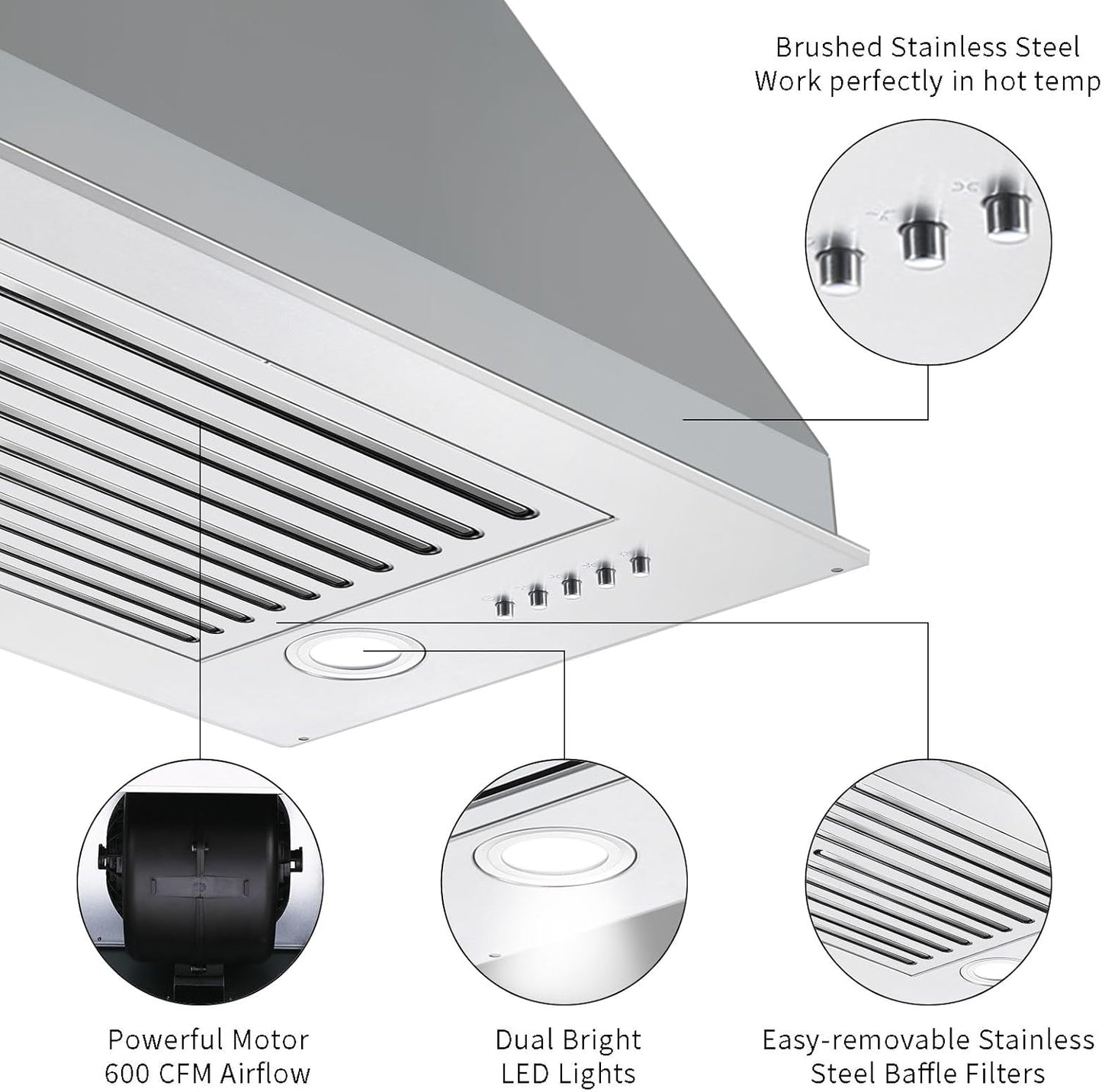 Zomagas Range Hood Insert 24 inch, Built in Kitchen Hood 600CFM, Ducted/Ductless Convertible Stove Hood with Stainless Steel Baffle Filter, Vent Hood