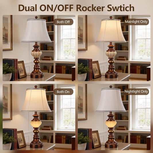 27' Farmhouse Tall Table Lamps Set of 2, Traditional Vintage Bedside Table Lamps with Nightlight and USB