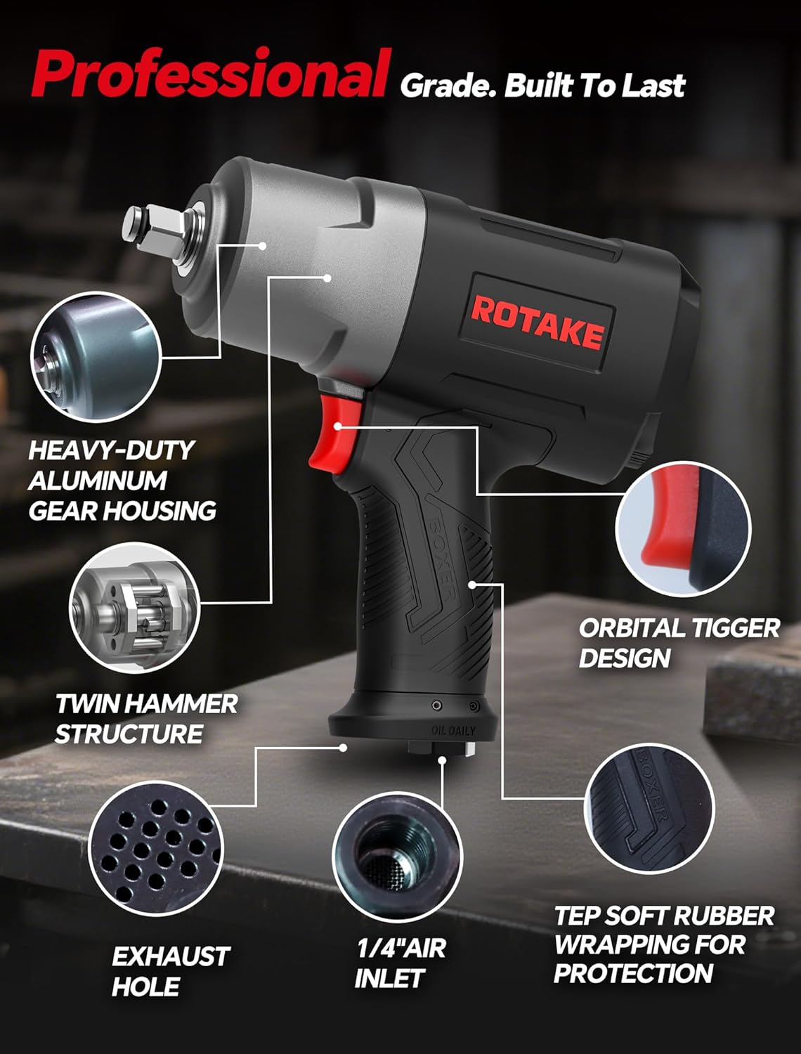 ROTAKE RT-5276 1/2" Air Impact Wrench High Torque, 1400 Ft-Lbs Heavy Duty Pneumatic Impact Gun, Twin Hammer Air Tools for Professional Mechanics, Car & Light Truck Tire Removal