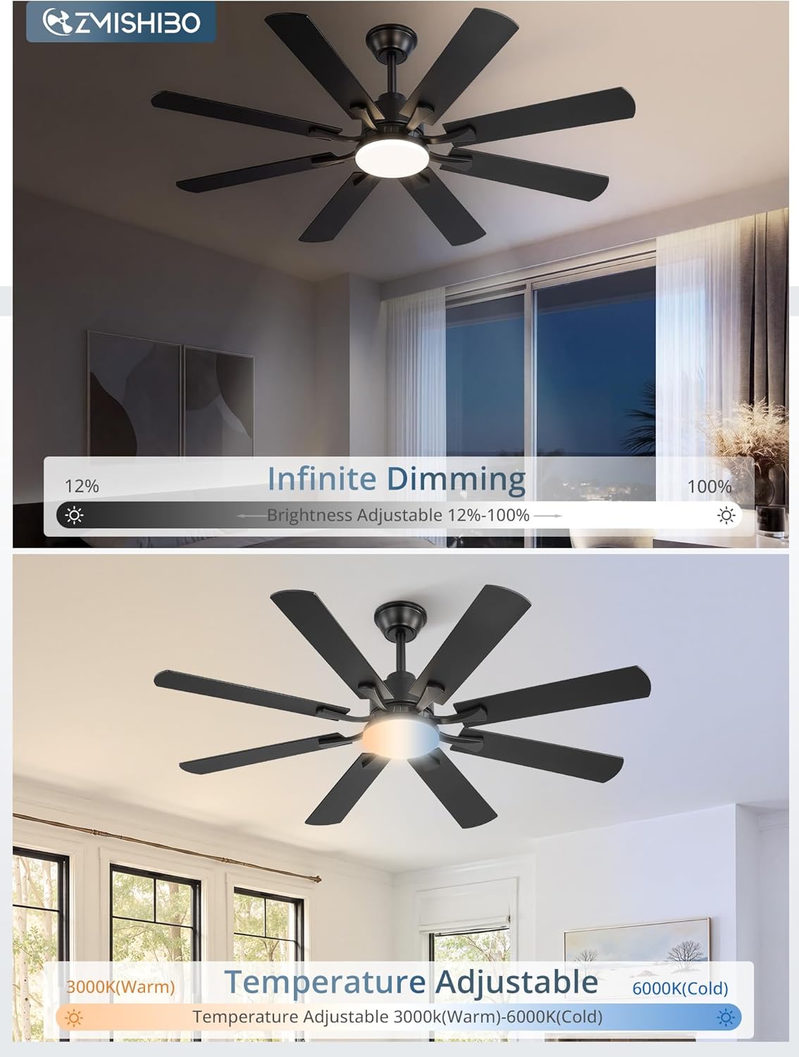 ZMISHIBO 52 inch Ceiling Fan with Light and Remote, 8 Blades Ceiling Fans with 20W LED Light, Quiet DC Motor, 6 Speeds, Stepless Color Temperature Change & Dimmable, for Bedroom Living Room, Black Black 52 Inch