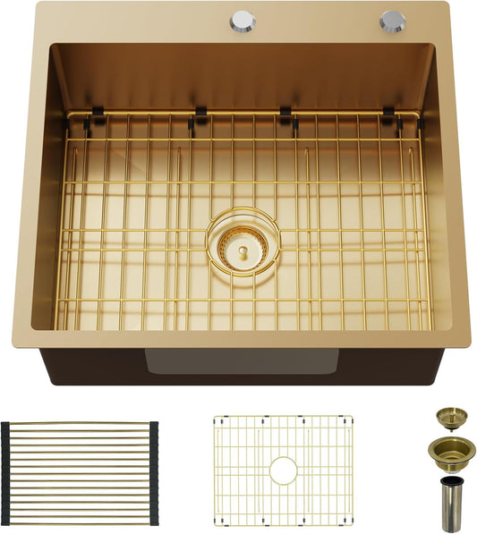 Gold Kitchen Sink, 25'x 22' Stainless Steel Drop In Kitchen Sink Single Bowl Gold Topmount Kitchen Sink With Gold