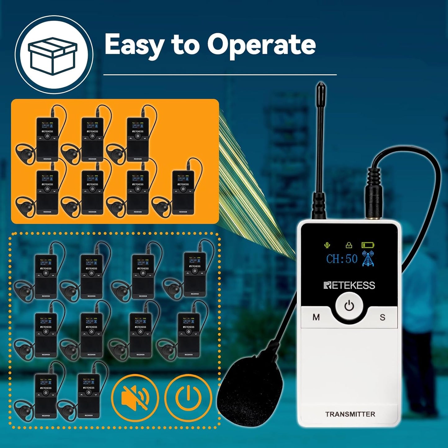 Retekess TT116 Wireless Tour Guide System, Tour Guide Headsets, Noise Reduction, 656ft, Whisper Systems with 18-Port Charger for Factory(1