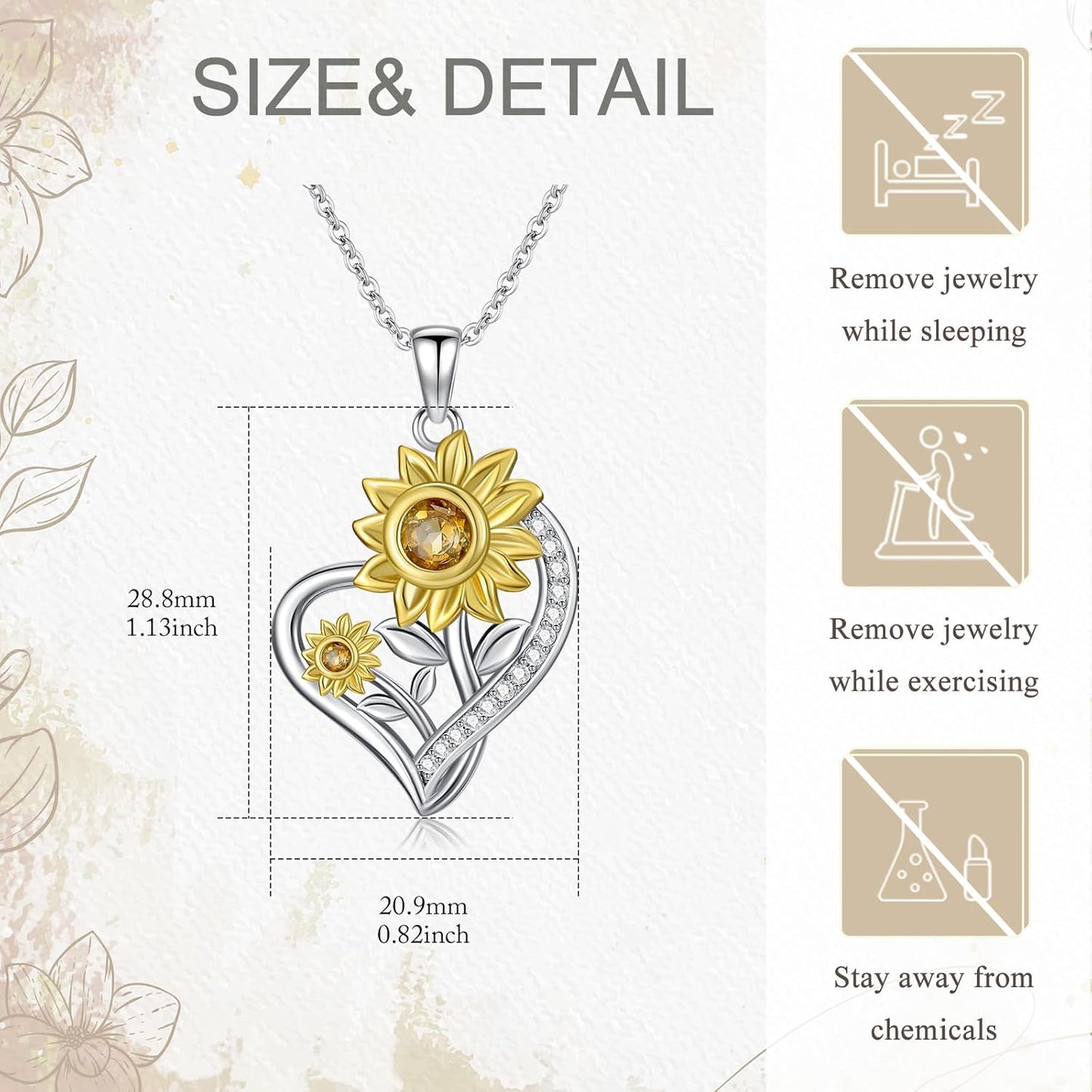 S925 Silver Sunflower Necklace for Women, 0.63ct.tw. Citrine with 0.16cttw. Lab Grown Diamonds Heart Necklace Sterling Silver for Girl Mom Ladies