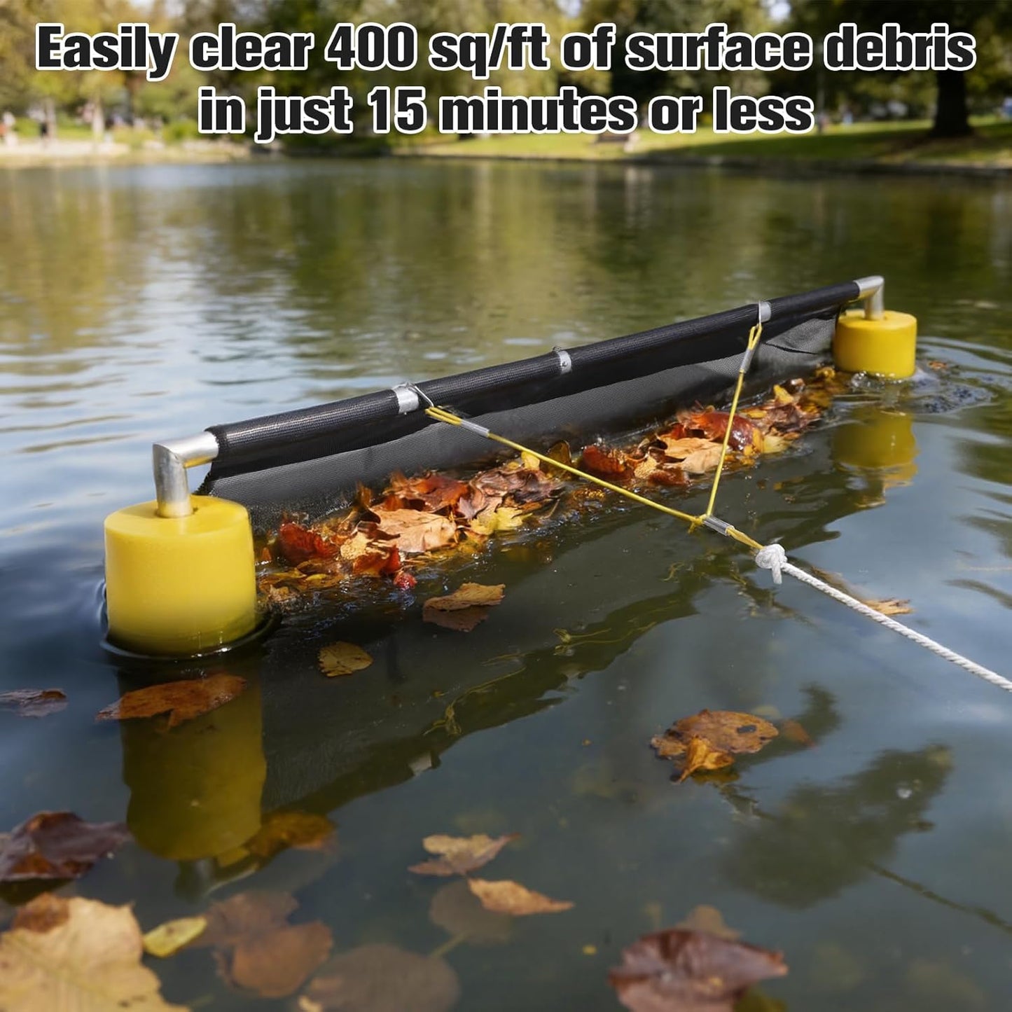 55" Wide Floating Debris Collector for Lakes & Ponds, Extremely Durable Net, Circular Aluminum Tube Design, Multi-Layer Overlock Fabric, 30FT Rope.