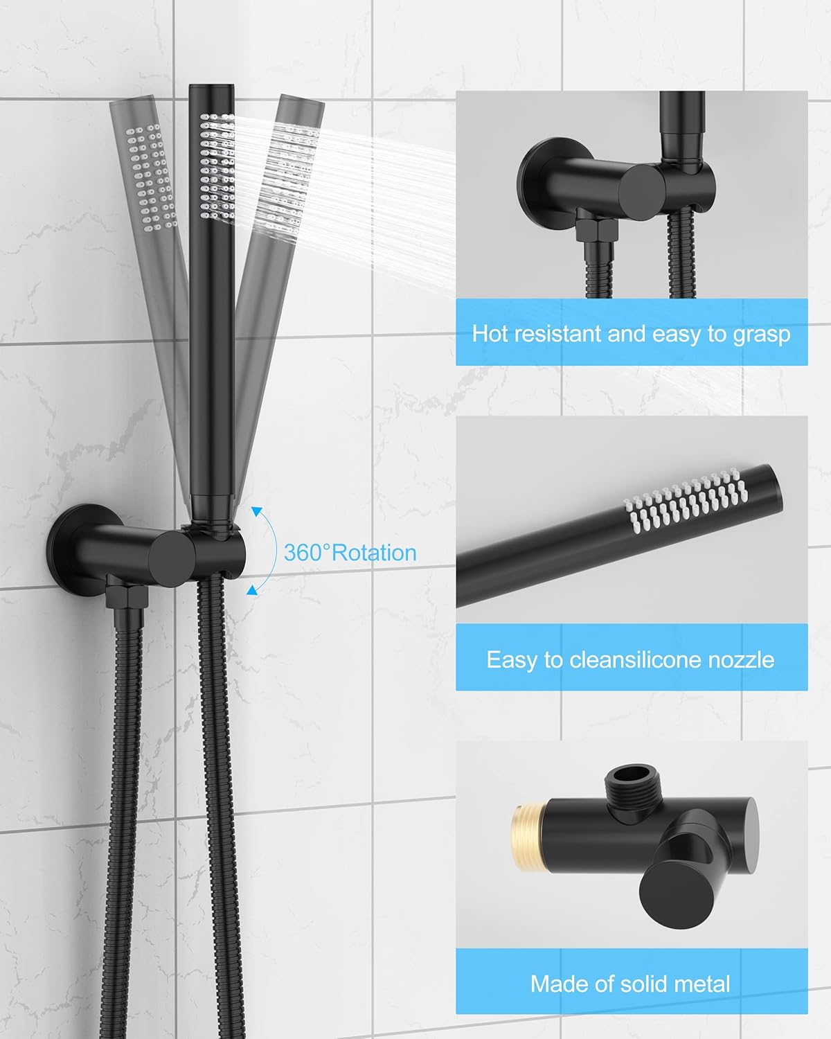 EMBATHER Black Shower Faucets Sets - Overhead Metal Rain Head Shower System with High Pressure Handheld Complete Combo and Mixer Valve Trim Kit -