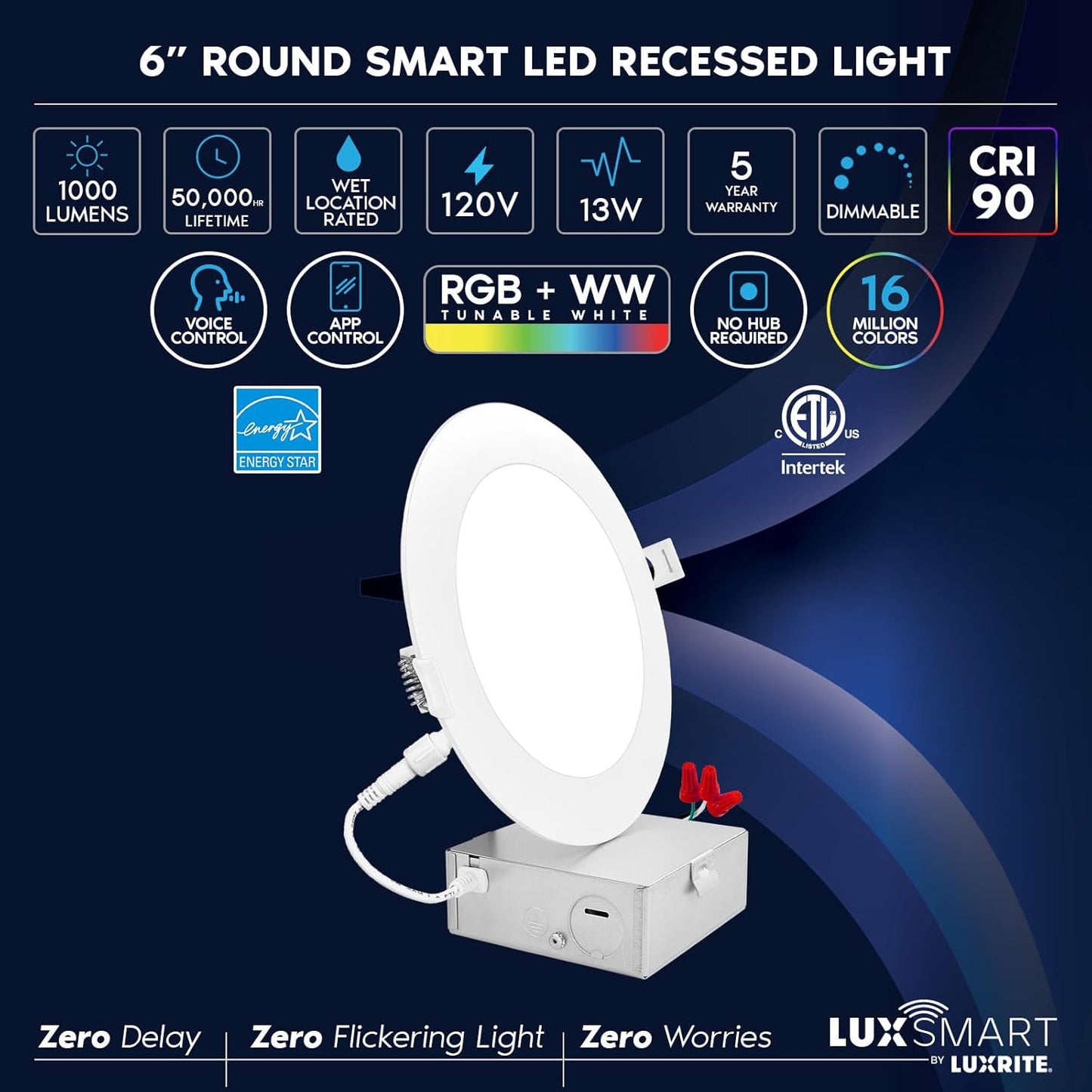 LUXRITE 6 Inch Smart LED Recessed Lighting, RGBW Color Changing, WiFi App and Voice Control, Compatible with Alexa and Google Home, No Hub Required,