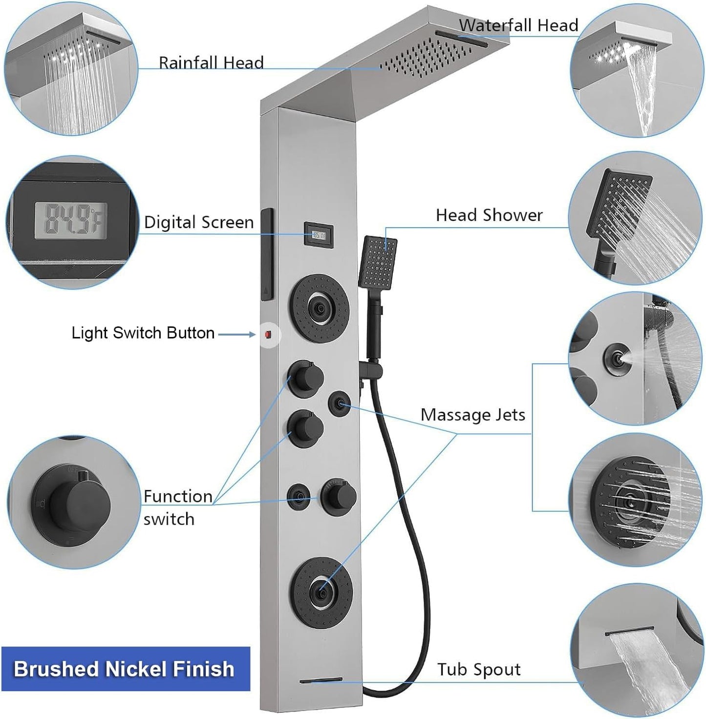 Shower Panel LED Rainfall Waterfall Light Bathroom Shower Panel Tower System, Rain Massage 6-Functions