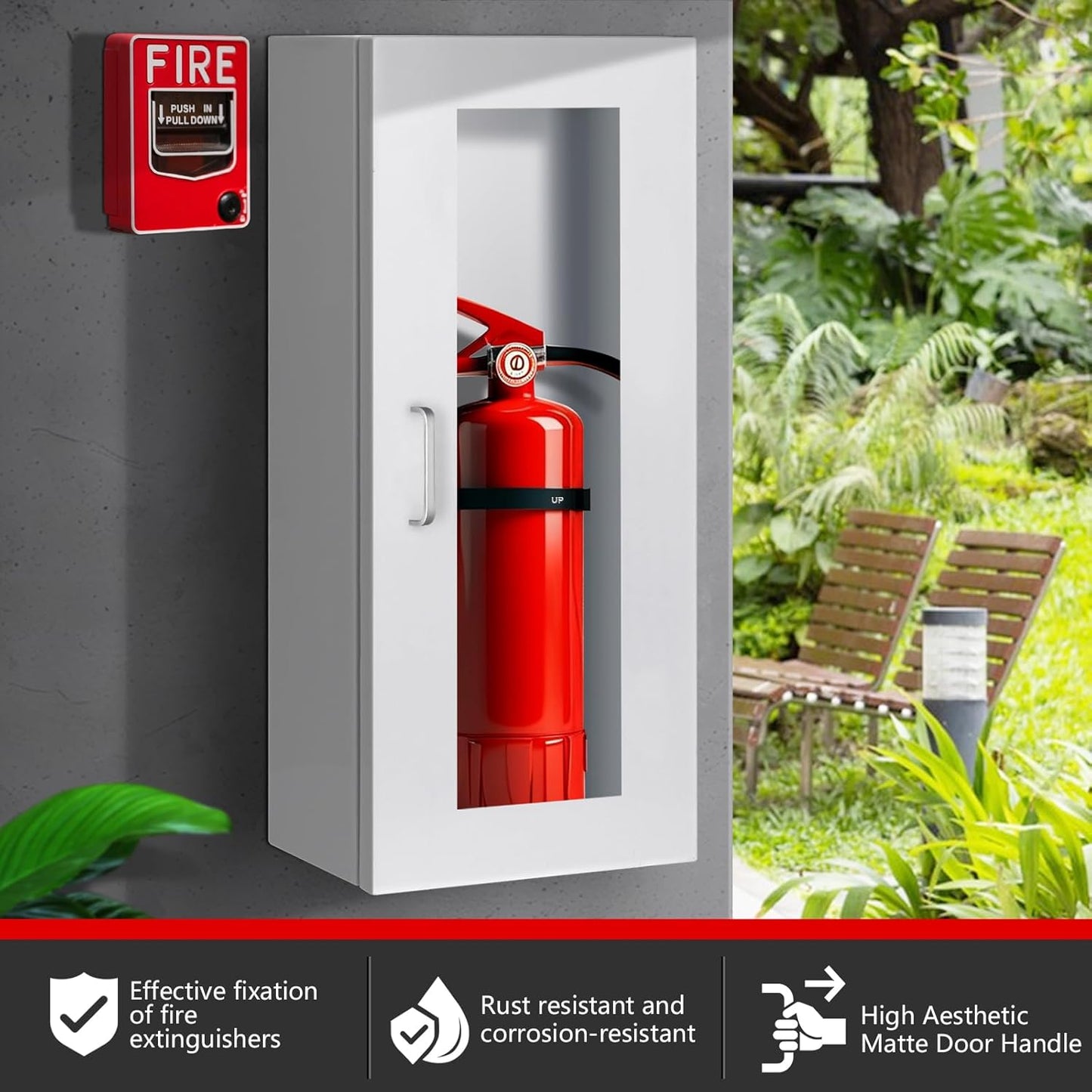 Fire Extinguisher Cabinet Wall with Magnetic Door & Handle for 5-12 pounds Extinguisher, 23.6" H x 10.2" W x 6.7"D White Steel Fire Extinguisher Mount for Indoor Outdoor with Full Clear Acrylic Door