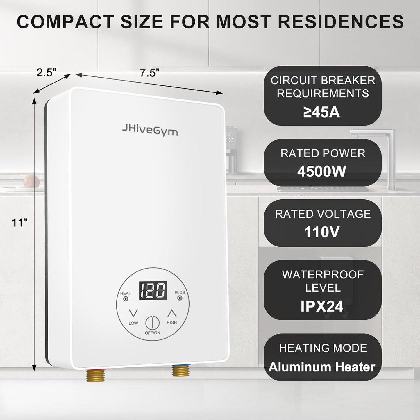 4500W 110V Tankless Electric Water Heater, with Digital Display, Frequency Conversion Instant Hot Water; Requires 45A breaker