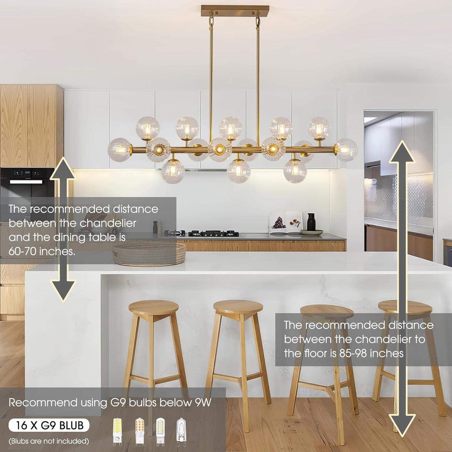 Wndtu Modern Chandelier Gold Linear Rectangle Chandelier Luxuly Pendant Ceiling Light Fixture for Dining Living Room Kitchen Island 16-Light