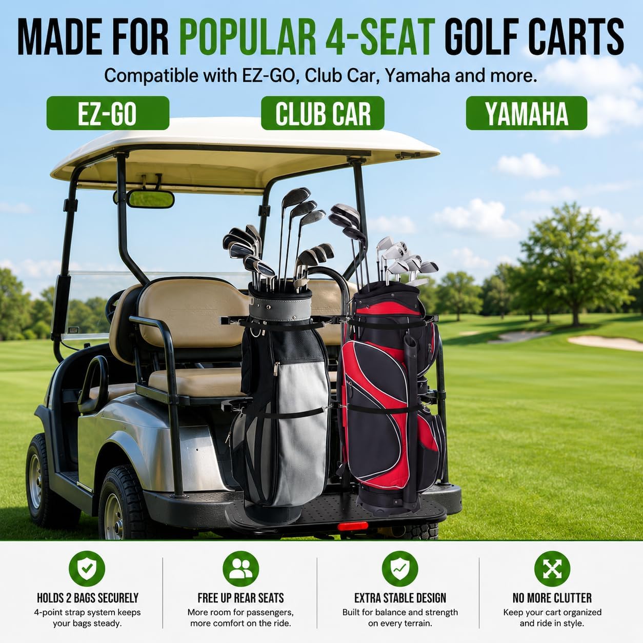 Golf Cart Bag Holder for 4 Seat Golf Cart, Fits for EZGO Club Car Yamaha, Holds 2 Golf Bags