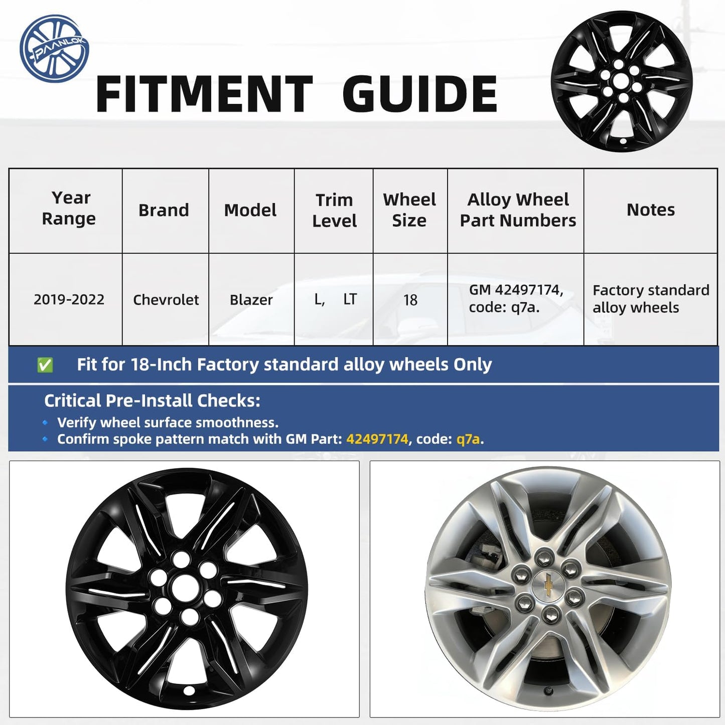 18 Inch Wheel Skins for 2019-2022 Chevy Blazer L/LT, Fits GM OEM#42497174 Alloy Wheels, Snap-On Design, Direct Replacement Gloss Black ABS Wheel Covers 4-Pack