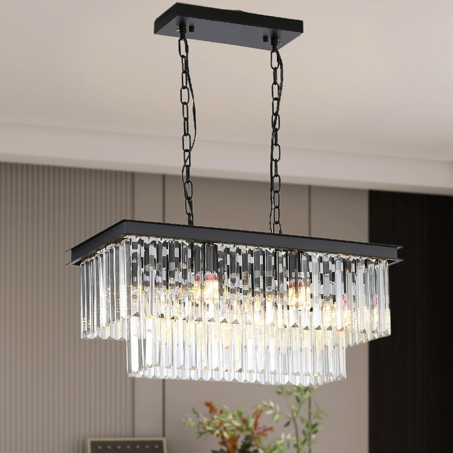 Wansi Shine 24' Modern Rectangle Crystal Chandeliers for Dining Room, 6-Light Rectangle Kitchen Island Chandeliers Light Fixture, Black Long K9