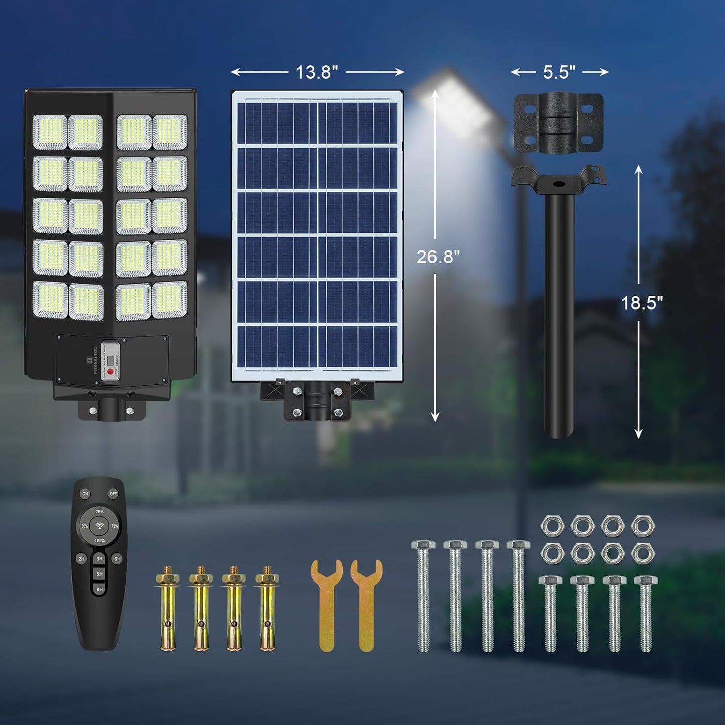 forealtou 1500W Solar Street Light Outdoor 8000K LED Solar Flood Light Dusk to Dawn, IP67 Waterproof 18000LM Solar Powered Outdoor Lights Motion