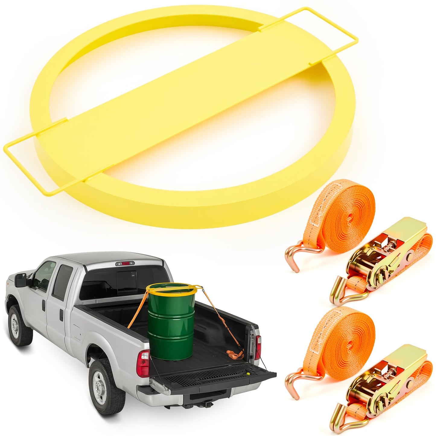 Steel Drum Tie Down for 55 Gallon Bucket 1 Steel Drum Securing Lid and 2 Pack Adjustable Ratchet Strap Transporting 55 Gallon Drums