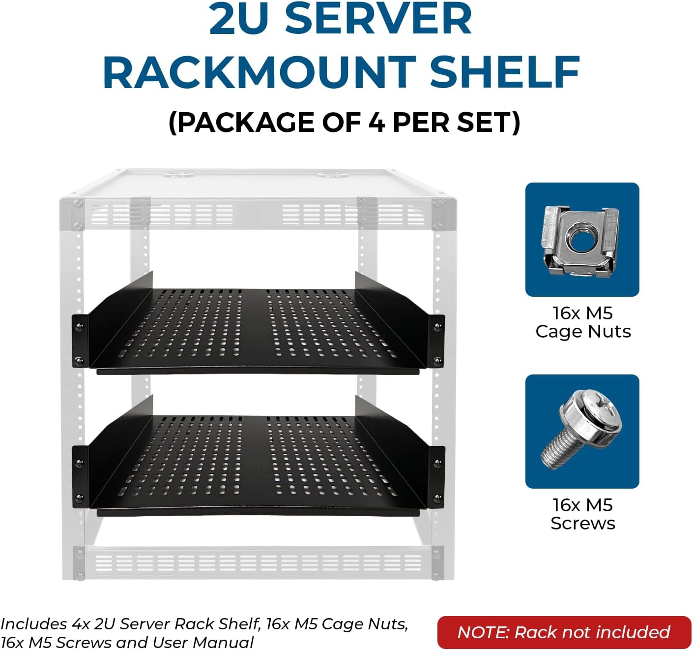 OREI 2U Rack Shelf 19" Universal Vented Mount Rack – Heavy-Duty Steel Server Rack Shelf for IT, Network & AV Equipment, 22kg Capacity, EIA-310C Compliant (4-Pack) 4 Pack