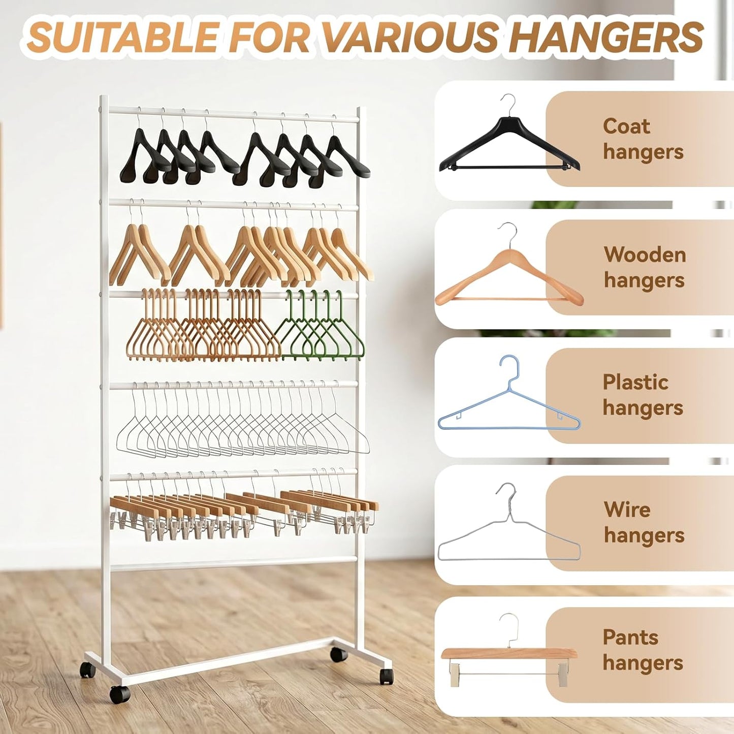 6 Tier Z-Truck Clothing Hanger Storage System, Efficiently Organize Standard Hangers, Skirt and Pant Hangers; Mobile Rack for malls, boutiques, Laundry Rooms; White, 61 x 30 x 15 in.
