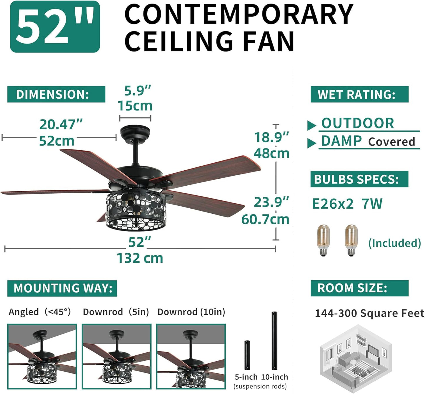 YITAHOME Ceiling Fans with Light and Wall Switch Remote, 52 Inch Modern Farmhouse Outdoor Fan with 2 Bulbs, Clear Crystal Glass, Quiet Reversible