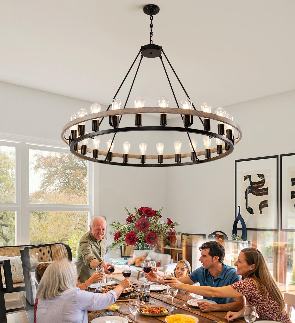 Wagon Wheel Chandelier 48-Inch 24-Light, Oak Wood and Black Finish Round Rustic Farmhouse Chandelier Extra Large for High Ceilings, Living Room Foyer