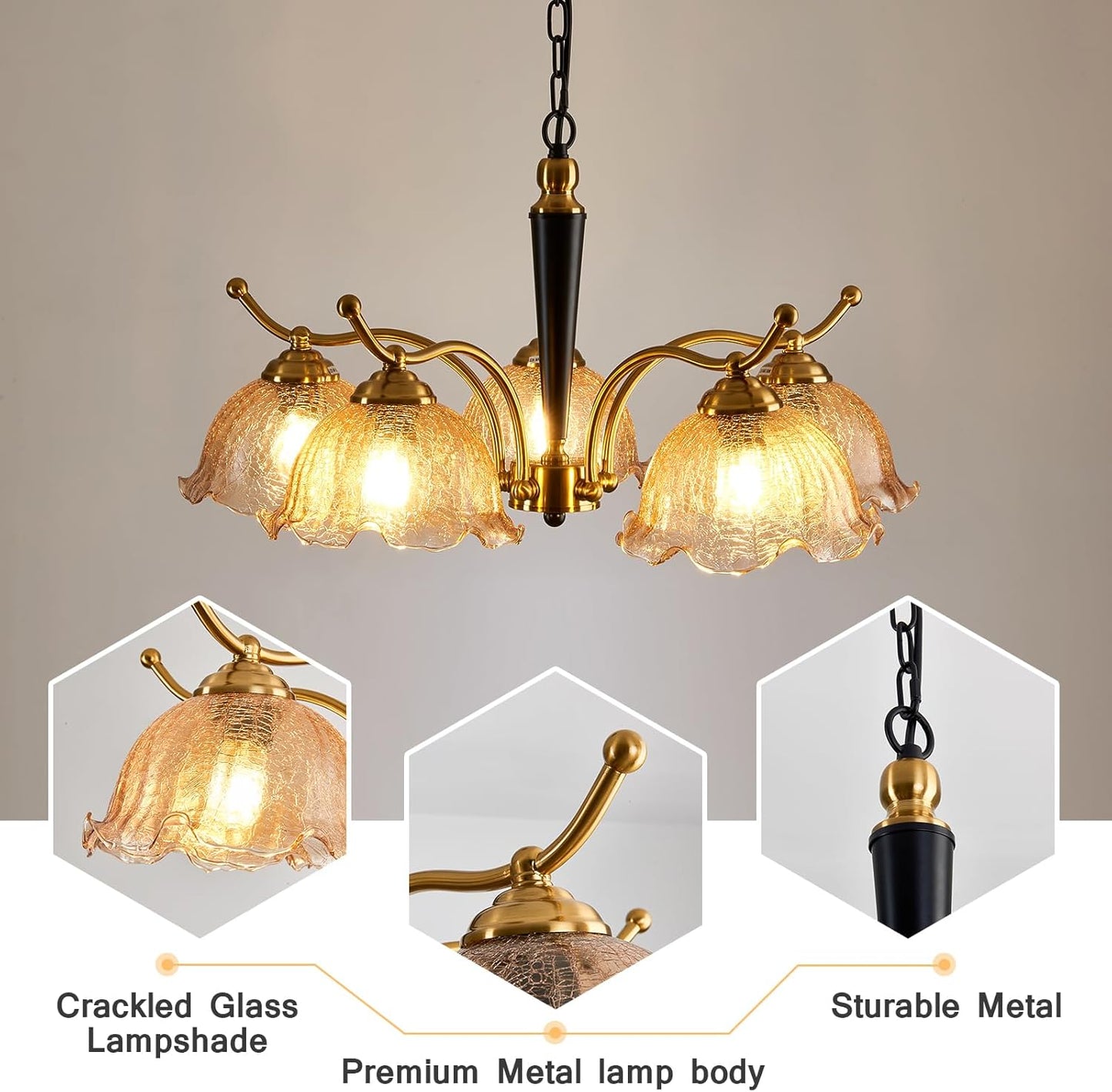 CVKASH 5-Light Farmhouse Amber Glass Pendant Light Fixture Modern Matte Black and Gold Chandelier Fixture Vintage Hanging Pendant Lighting for Dining