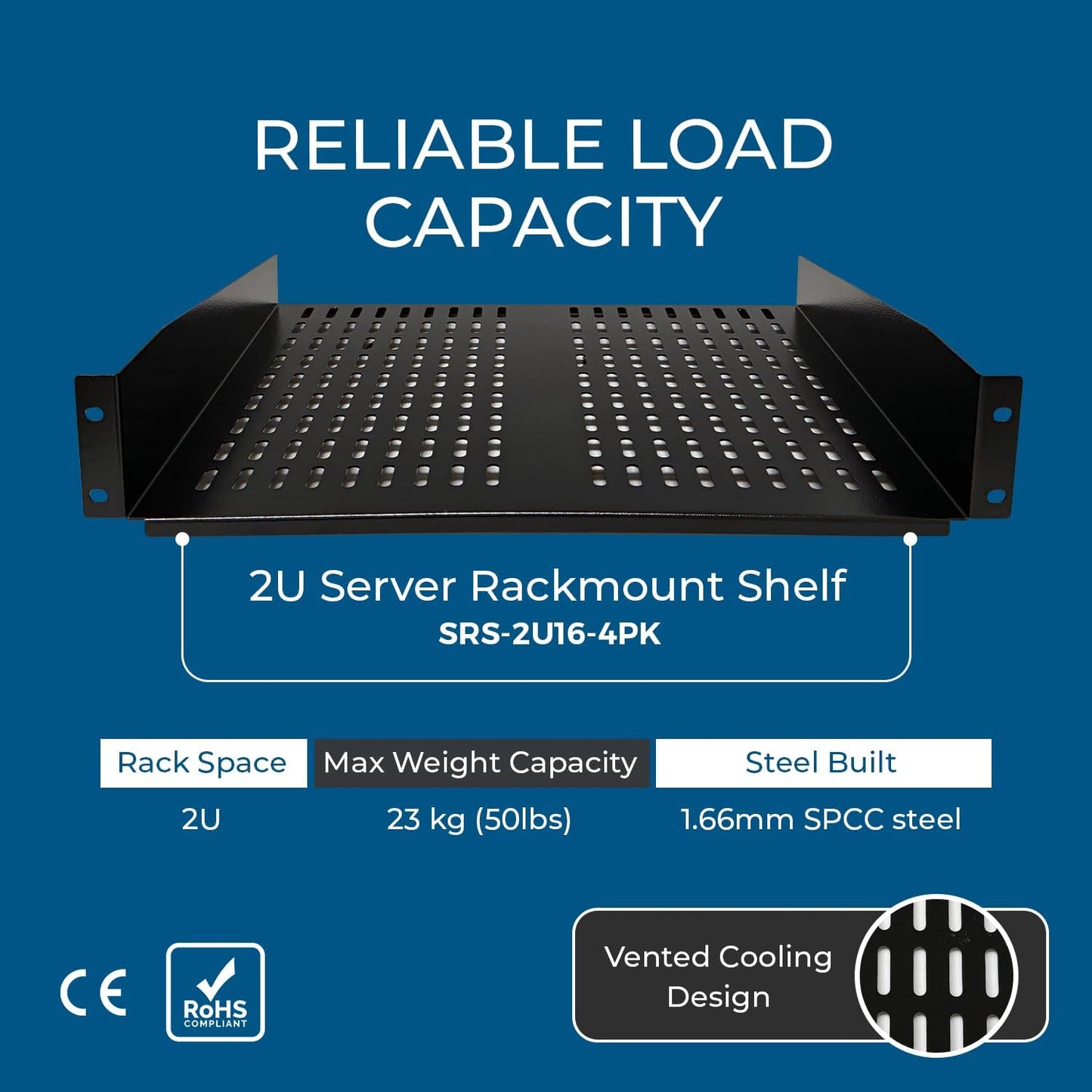 OREI 2U Rack Shelf 19" Universal Vented Mount Rack – Heavy-Duty Steel Server Rack Shelf for IT, Network & AV Equipment, 22kg Capacity, EIA-310C Compliant (4-Pack) 4 Pack