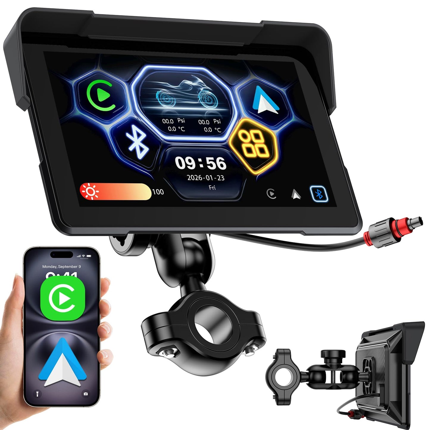 7” Motorcycle CarPlay & Android Auto Display Portable Touch Screen, Support GPS Navigation Siri & Google Assistant, Bluetooth 5.2/ Voice Control/ IP67K Waterproof Anti-Glare Design