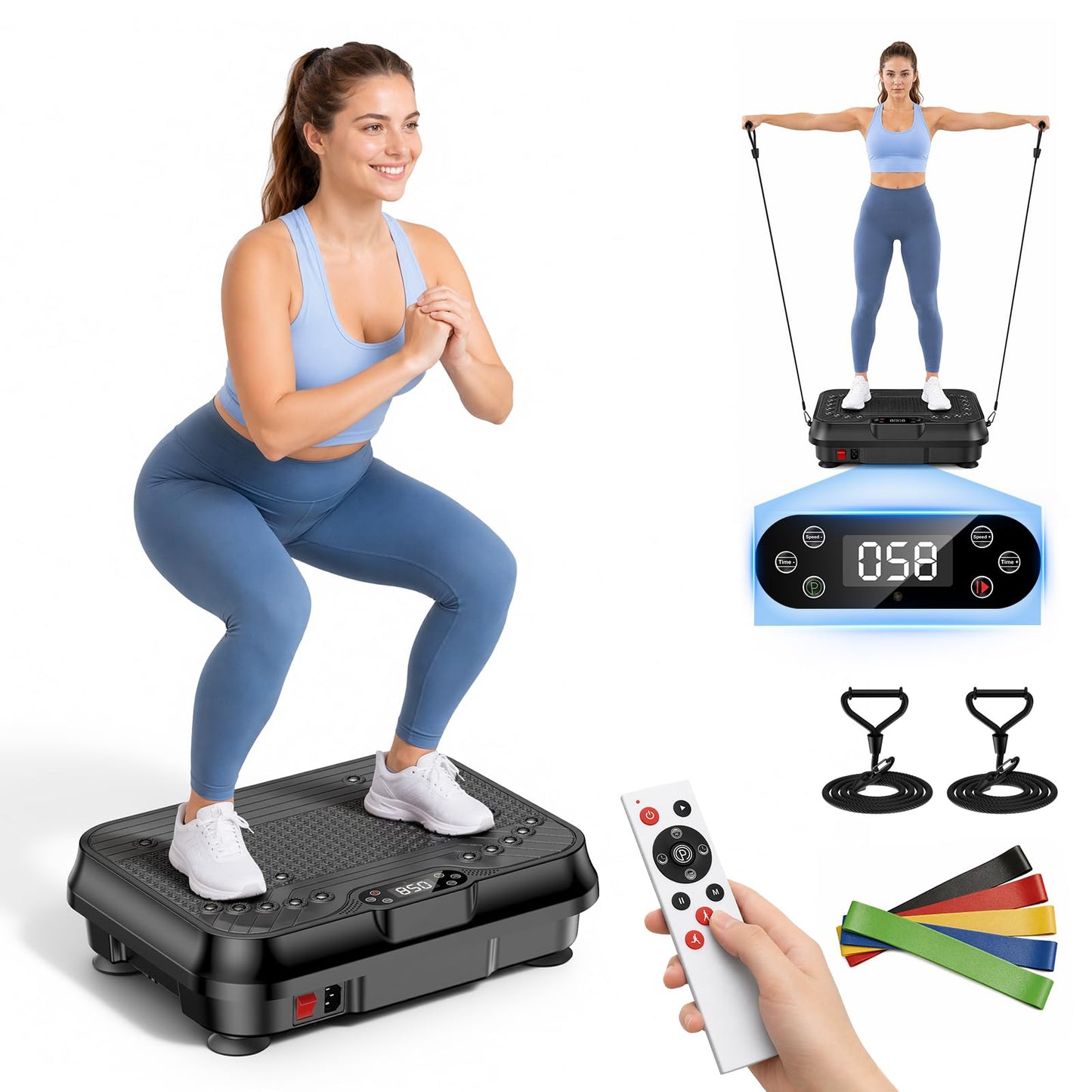 CURSOR 250-Level Vibration Platform with Bands & 350lb Cap, Quiet Home Gym | Lymphatic Drainage & Weight Loss Shaker, Quiet Full-Body Home Gym with Resistance Bands, 350lb Capacity for Men/Women/Office Pure-Black