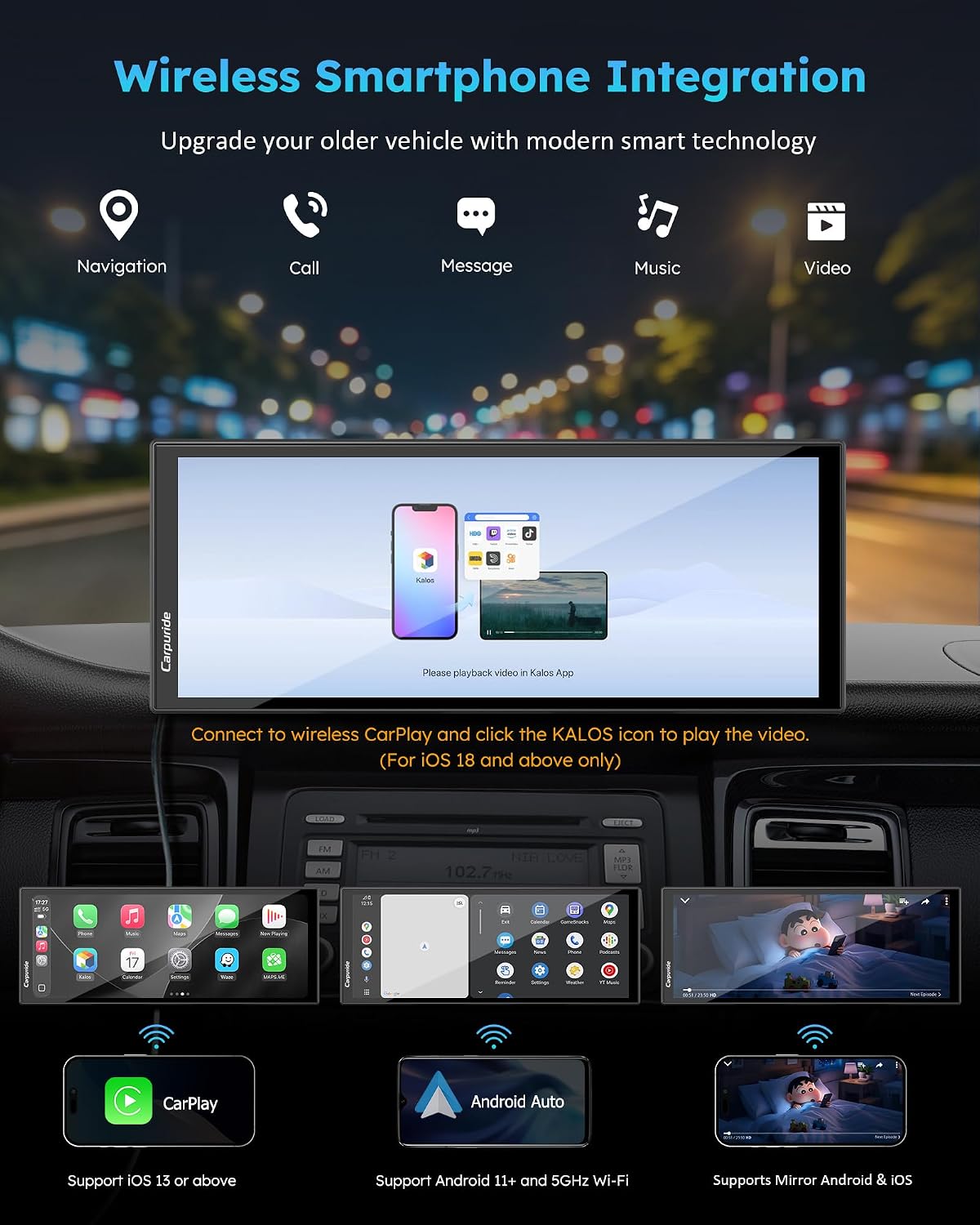 Carpuride 125PLUS CarPlay Screen for Car with AI Gemini & Download APPs, 11.26" Wireless Car Play Android Auto with Front & Backup Camera, Built-in GPS for Online and Offline Nav, Split Screen, OTA