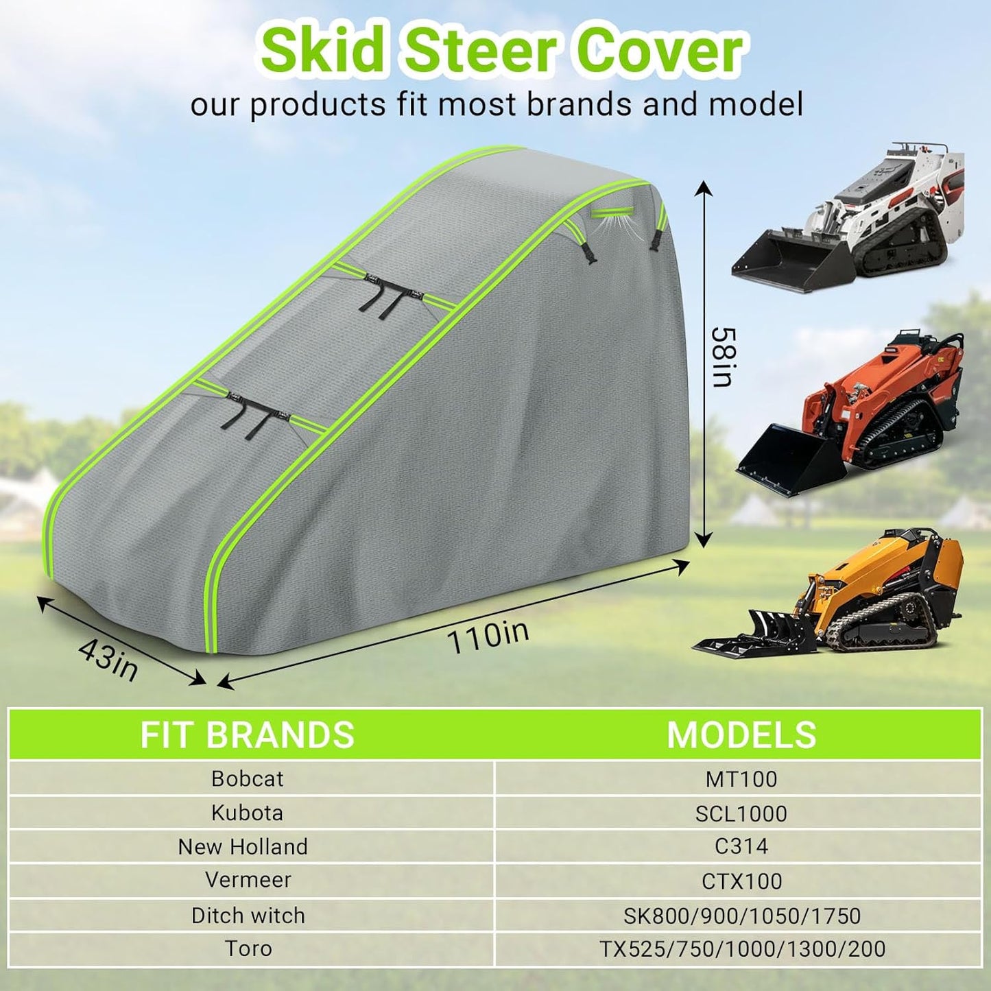900D Mini Skid Steer Loader Cover, Heavy Duty Waterproof Windproof UV Protection Track Loader Cover, Fits Bobcat John Deere Kubota Caterpillar Case New Holland JCB, 110 * 43 * 58 inch