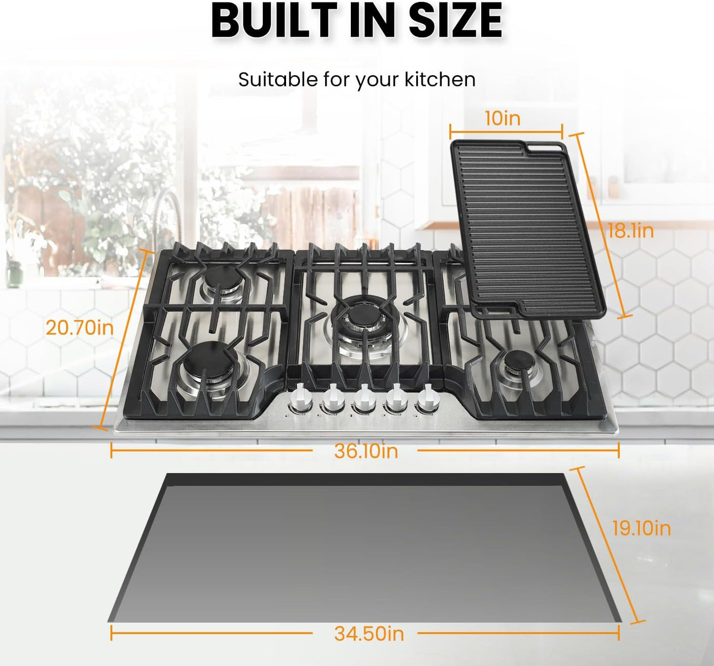 36' Built-in Gas Cooktop with Griddle, 5 Italy SABAF Sealed Burners Gas Stove TOP, 41,800 BTU, NG/LPG Convertible, Stainless Steel Propane Cooktop