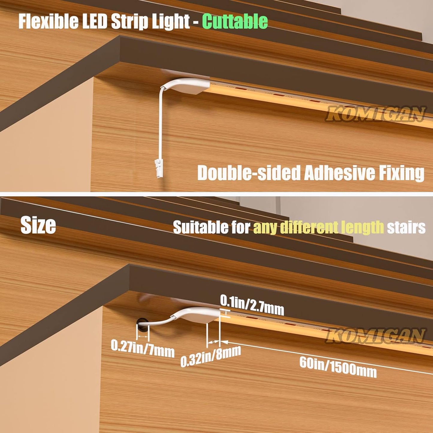 KOMIGAN Intelligent Motion Sensor LED Stair Lighting Kit KMG-3233, 60 Inch (150 cm) Long Cuttable LED Strip Light for Indoor LED Stair Lights LED