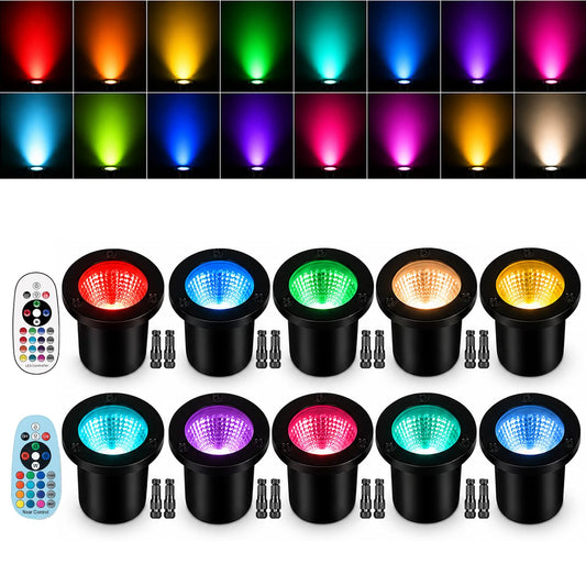 10 Pack RGB Low Voltage Landscape Lights, 10W 1200LM Color Changing LED Well Lights with 20 Connectors, IP67 Waterproof Outdoor In Ground Lights 12V-24V for Pathway Garden Yard Tree